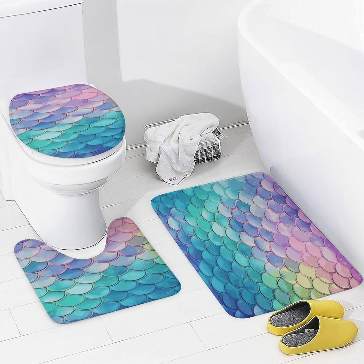 Dreamy Gradient Mermaid Scales 4Pcs Shower Curtain Set with Non-Slip Rugs, Toilet Lid Cover and Bath Mat,Bathroom Set Decor Accessories,Curtain Set with 12 Hooks, 72 X 72 Inch