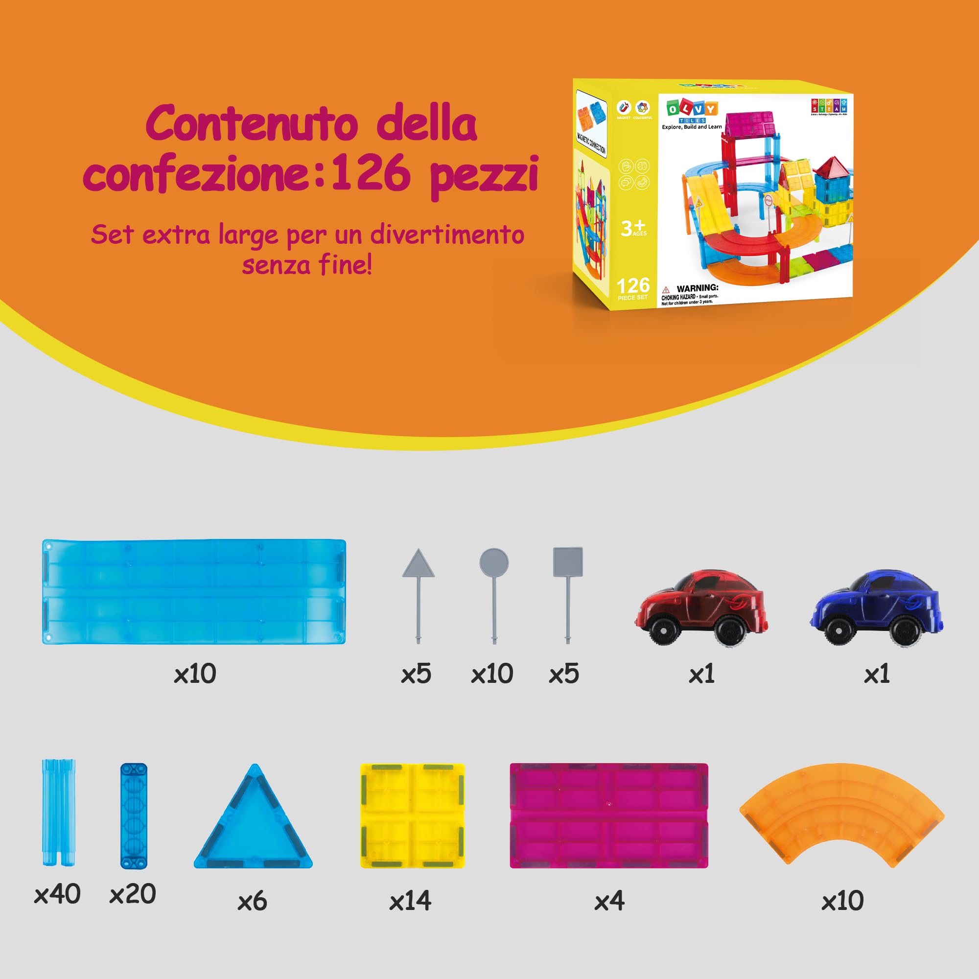 Olvy Blocchi magnetici Montessori Giocattoli – 126 Piastrelle magnetiche per bambini – Giocattolo da costruzione magnetico a partire dai 3 anni – Smart Playground mattoncini magnetici per bambini