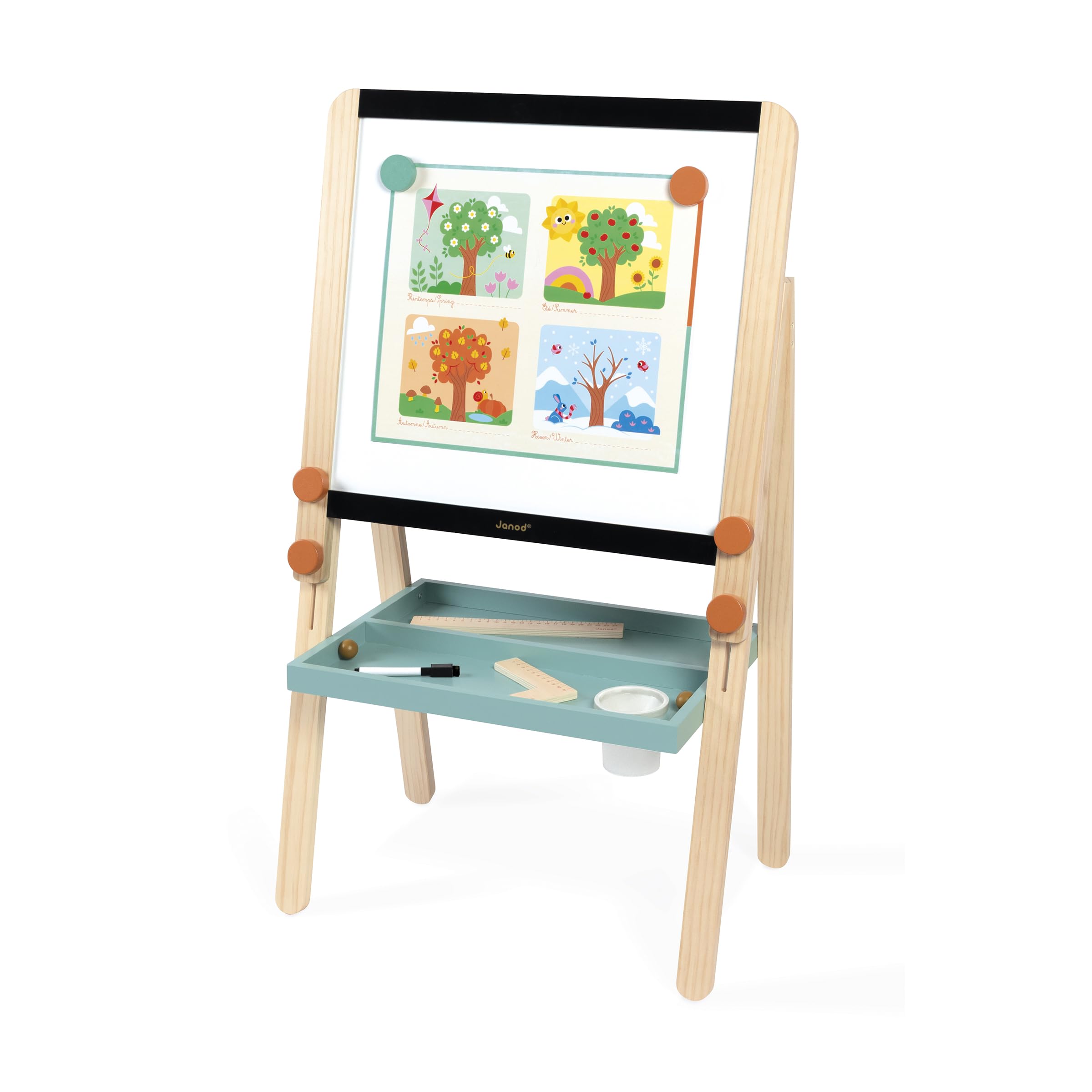 Janod - Pizarra Doble Cara de Madera Ajustable en Altura - Pizarra Blanca magnética + tizas - 18 Accesorios incluidos - A Partir de 3 años