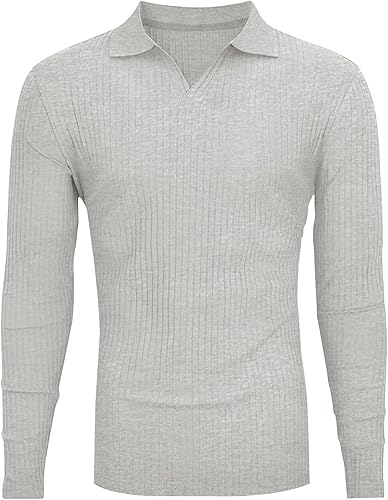 Miniatura 2 de Camisetas Polo de Manga CortaLarga para Hombre, Estilo Muscle, Cuello en V, Ajustadas, de Golf, de Algodón, Tejido Ribeteado, Suave
