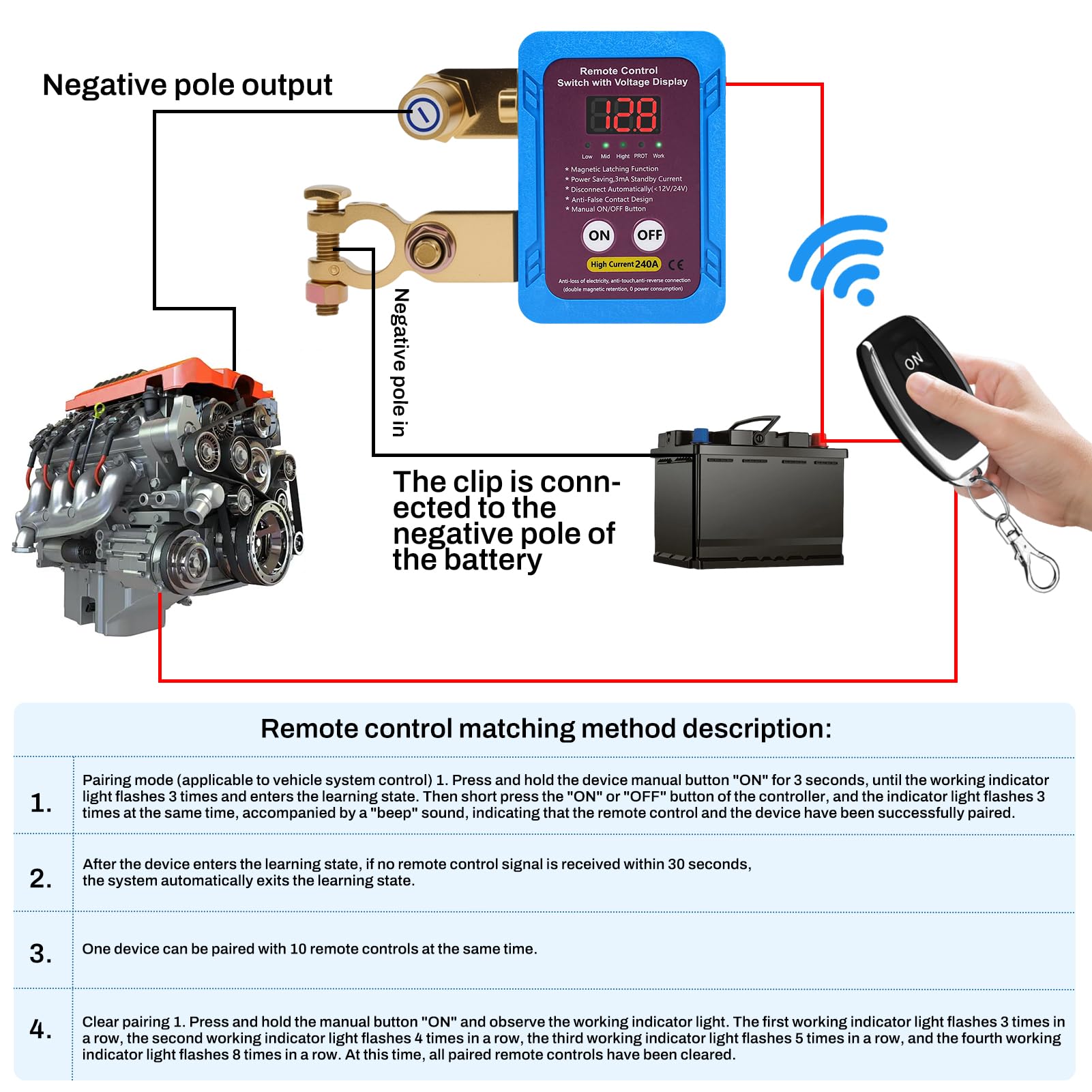BuyWeek Coupe Circuit Batterie 12V 240A avec Led Affichage de la Tension Coupe Circuit Voiture Coupe Batterie Voiture Télécommandes pour Voiture, RV, ATV, Camion Bateau(Bleu roi)