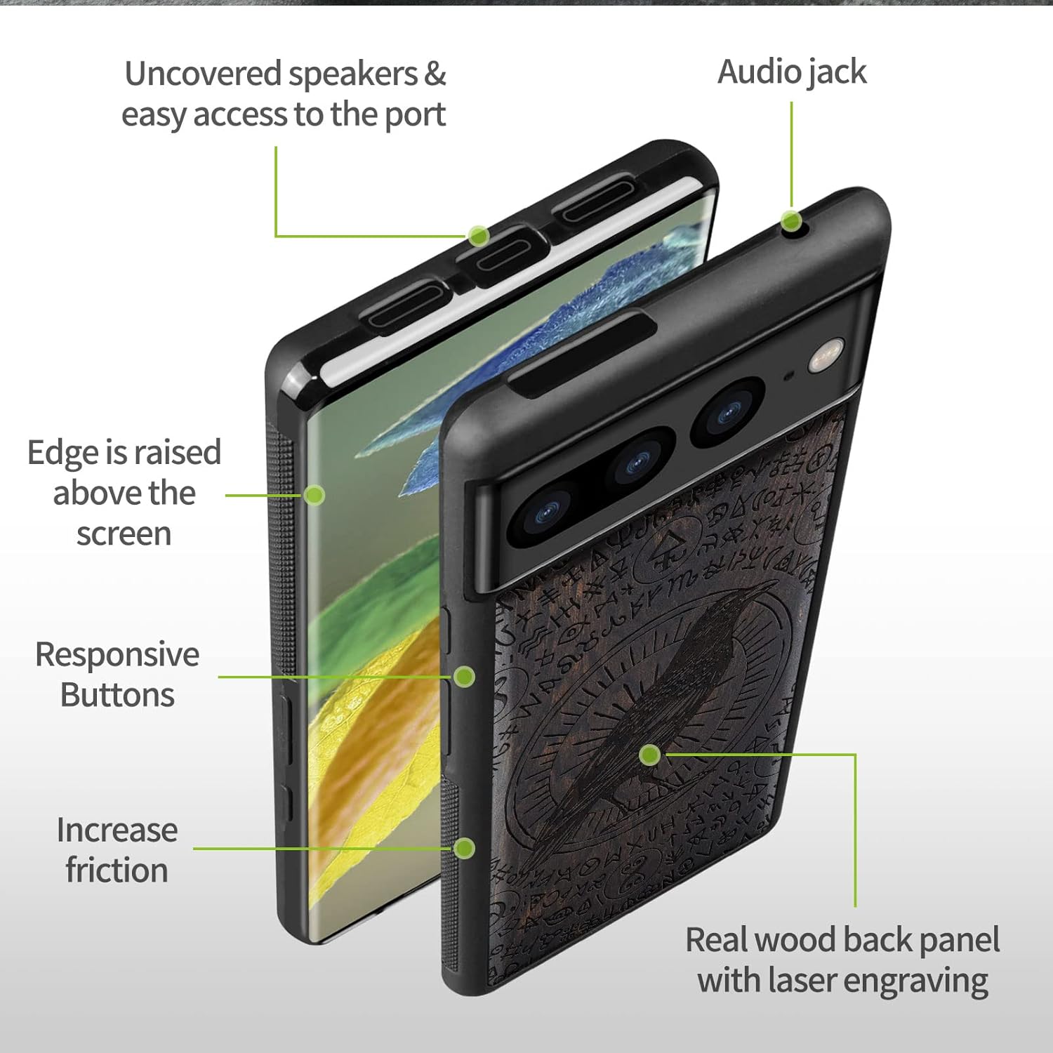 Carveit Wood Case for Pixel 7 Pro Case [Natural Wood & Black Soft TPU] Shockproof Protective Unique & Classy Wooden Cover Compatible with Google Pixel 7 Pro (Witchcraft Raven-Blackwood)