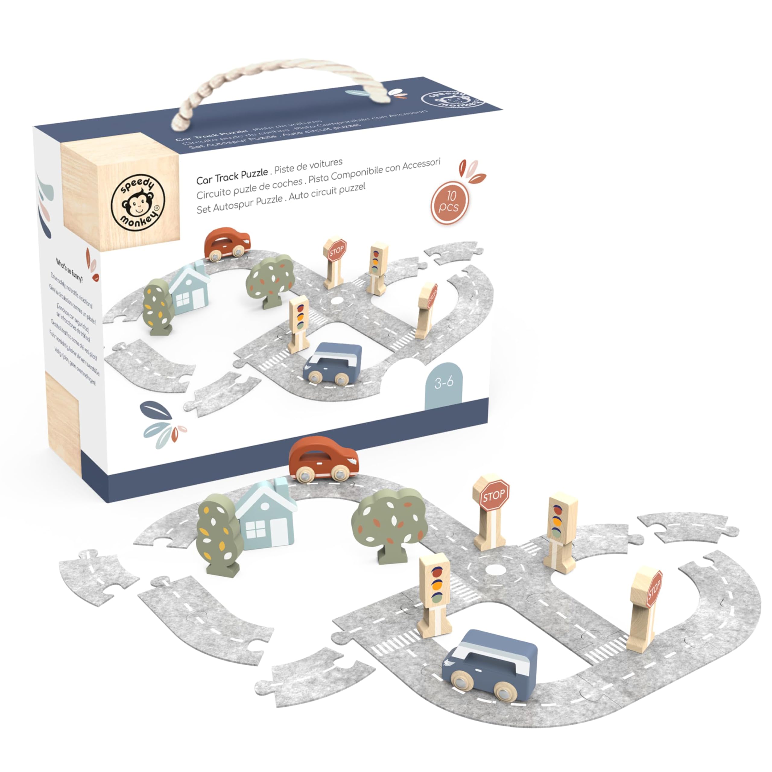 Speedy Monkey - Piste de Voitures Puzzle 10 Pièces - Jouet en Bois et Feutre FSC Enfant 3 à 6 Ans - Circuit Voiture Emboîtable Jeu Imaginatif Motricité Fine - Cadeau Anniversaire Garçon Fille