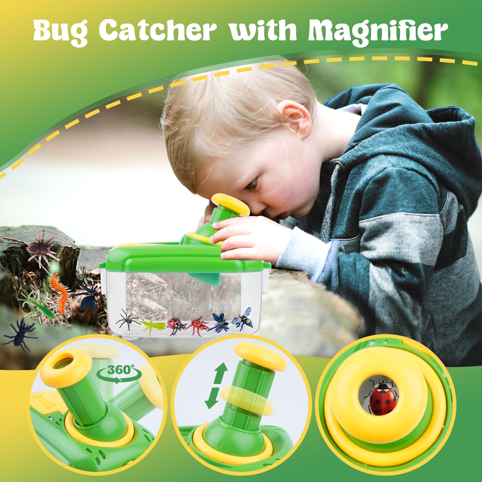 nuyikaso Bug Catcher for Kids 6 Pcs Bug Hunting Kits for Children with 12 Fake Insects 360° Rotating Viewing Angle Magnifying Glass Outdoor Explorer Educational Toys Gifts for 3-8 Years Old - Image 4