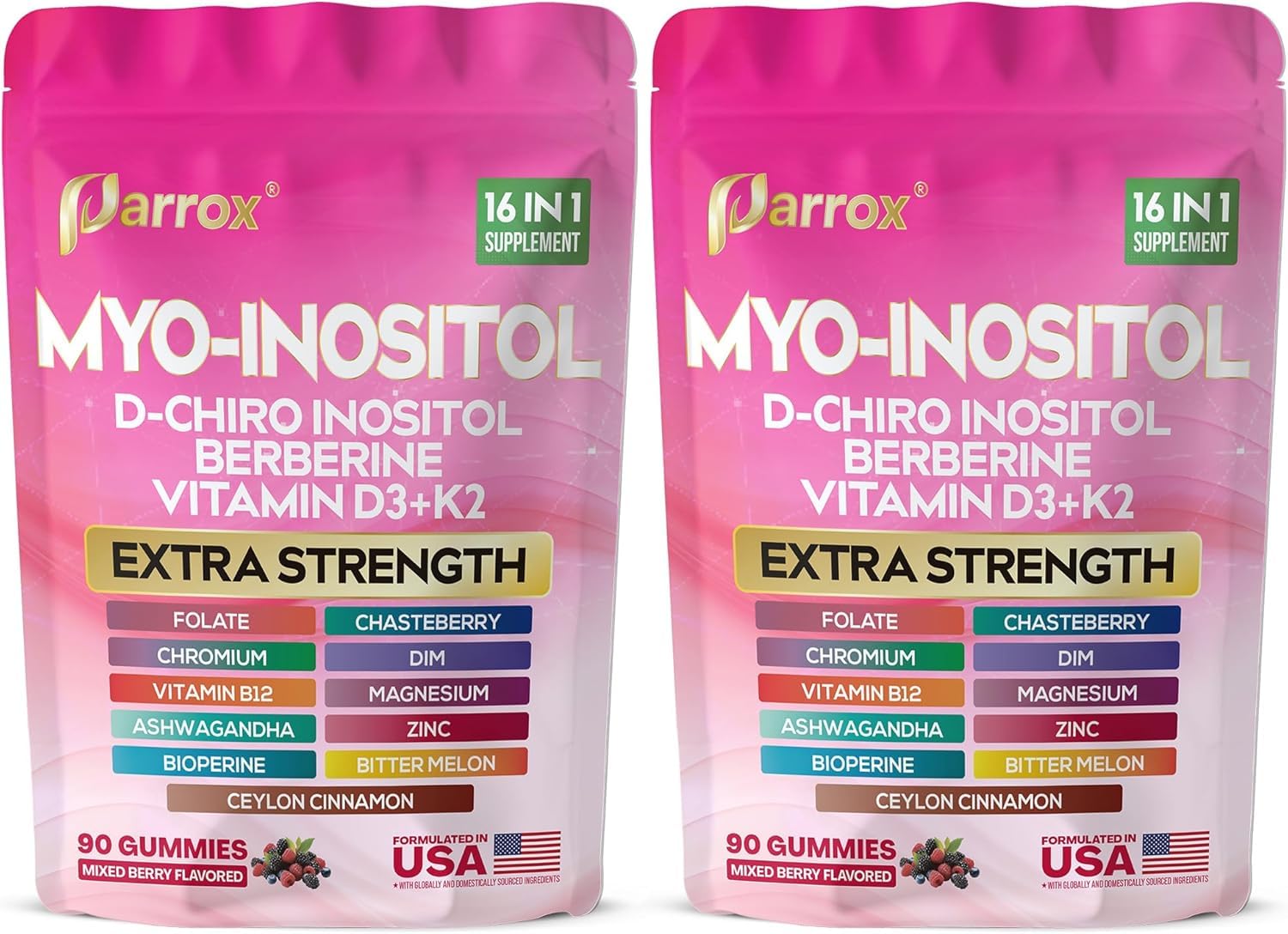 Myo-Inositol & D-Chiro Inositol Gummies, Berberine, Mixed Berry, 2 Pack 90 Count (Pack of 2)