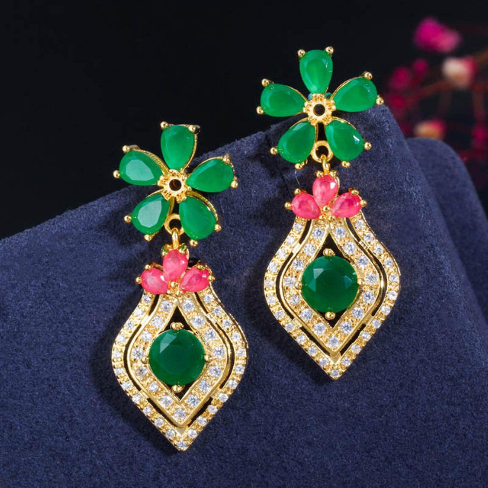 Salan Women's Yellow Gold Zircons Elegant Silver Red Green Emerald Cz Stone Flower Drop Earrings For Fashion Vintage Jewelry