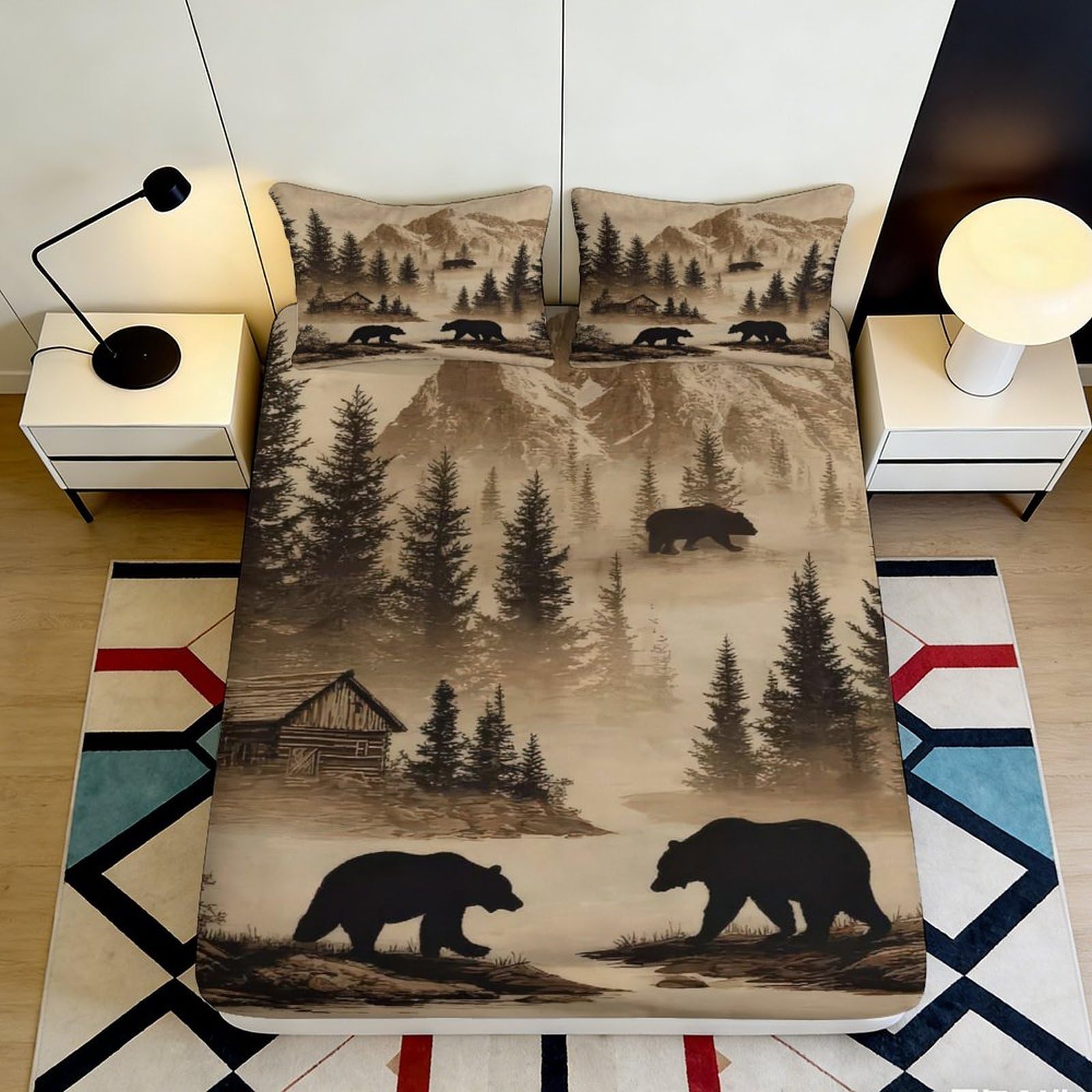 3D Printed Mountain Bear Fitted Sheet Microfiber Durable Soft 3D Forest Bed Cover for Bedroom Dormitory Guest Room Mattress Protection 200x200x25cm