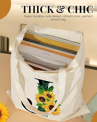 Miniatura 4 de AUSVKAI Bonita bolsa de lona con inicial de girasol para mujer, Initial J