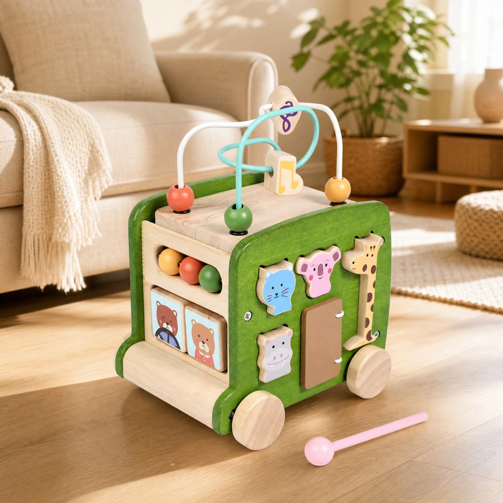 kowaku J Multifonction en Bois D'apprentisge Précoce Coloré Véhicule'activités Labyrinthe Perles Non Toxique pr Jeunes Enfants, Bébés, Bleu