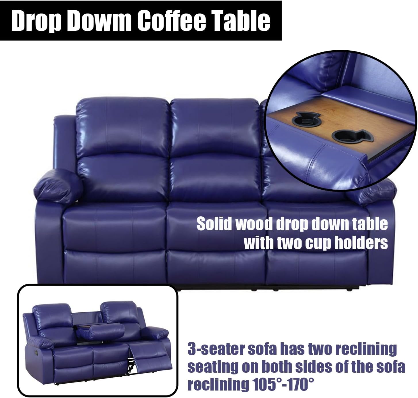 Manual Leather Recliner Sofa Set for Living Room Furniture Sets,Reclining Couch Set, Leather Couch Set for Living Room/Lounge/Club/Apartment(Blue,Sofa+Loveseat+Chair)