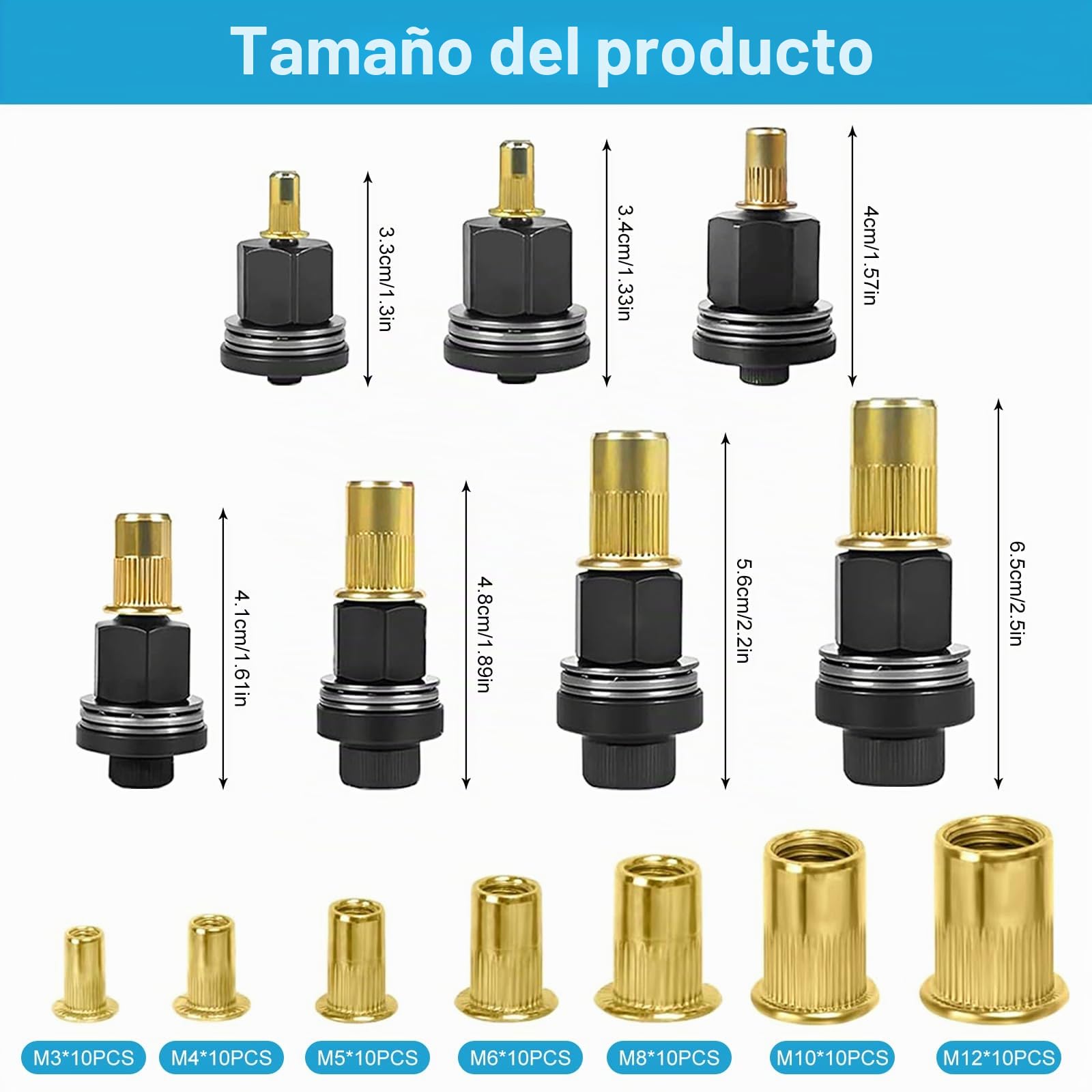 Juego de 7 alicates de remache con 70 tuercas, alicates roscados para M3, M4, M5, M6, M8, M10, M12, Tuercas de empuje, herramienta de remache manual, juego de alicates para metal, acero, chapa y