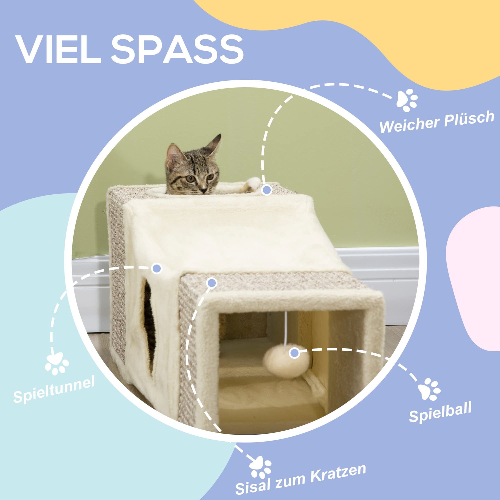 PawHut Katzentunnel Faltbar Katzenspielzeug mit Ball, Katzenhöhle Rascheltunnel Spieltunnel für Katzen 98 x 30 cm Braun+Beige