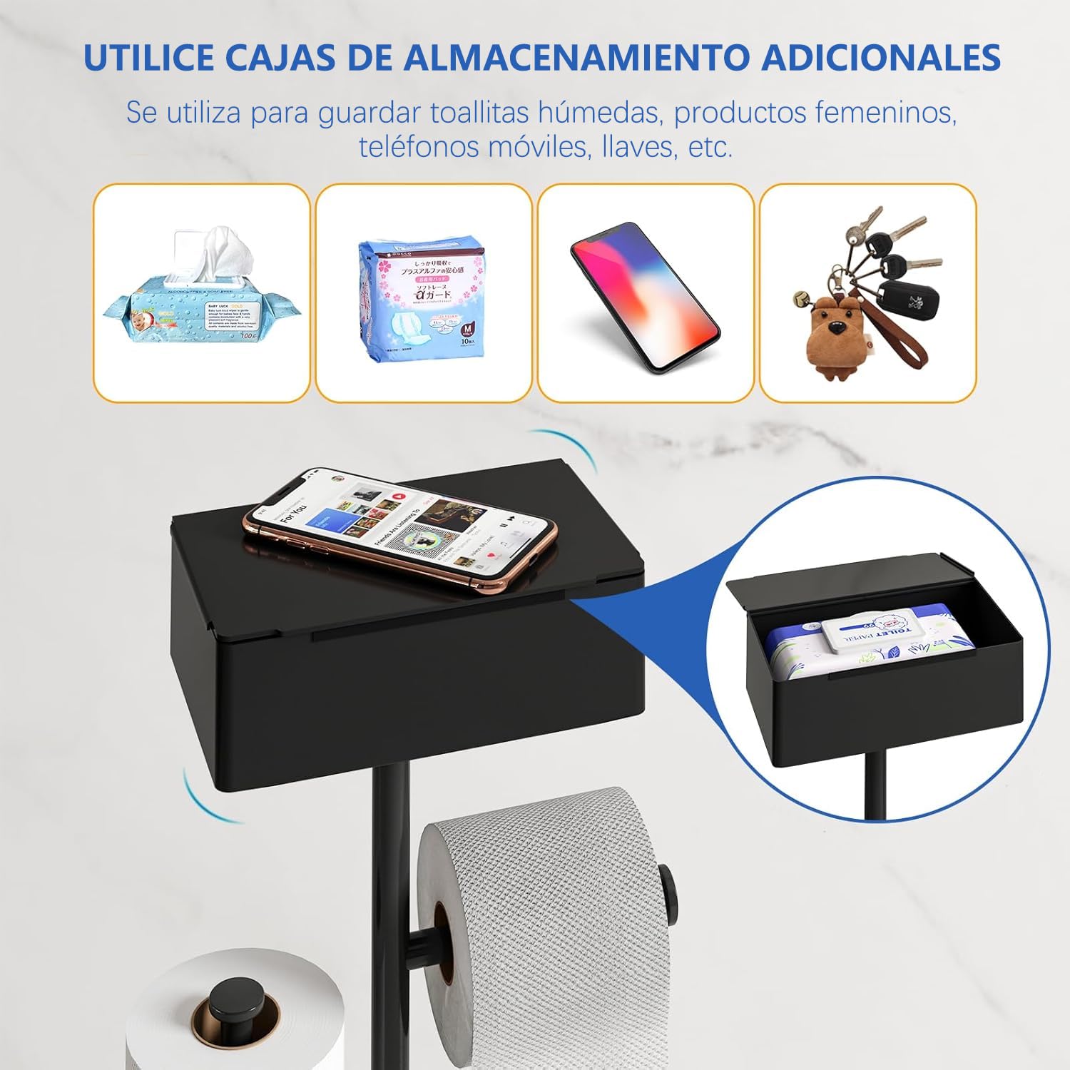Portarrollos de Papel Higiénico de Pie, GUIGUZI Negro Acero Inoxidable Soporte para Papel Higiénico y Escobilla con Caja de toallitas húmedas, Escobilla y Portarrollos de Papel Higiénico
