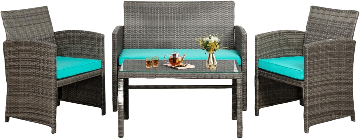 Front view of the Vongrasig patio furniture set components before full assembly