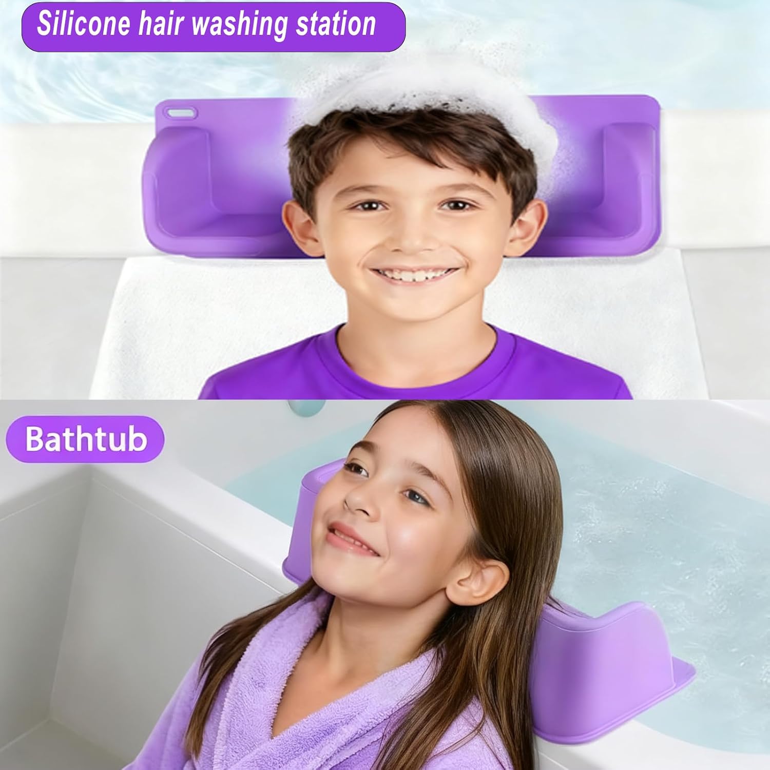 Portable Hair Washing Station,Silicone Hair Washing Basin for Toddlers,Children & Teens,Stable Sink/Bathtub Shampoo Buddy, Attached Shampoo Brush and Baby Bath Rinse Cup(Bule)