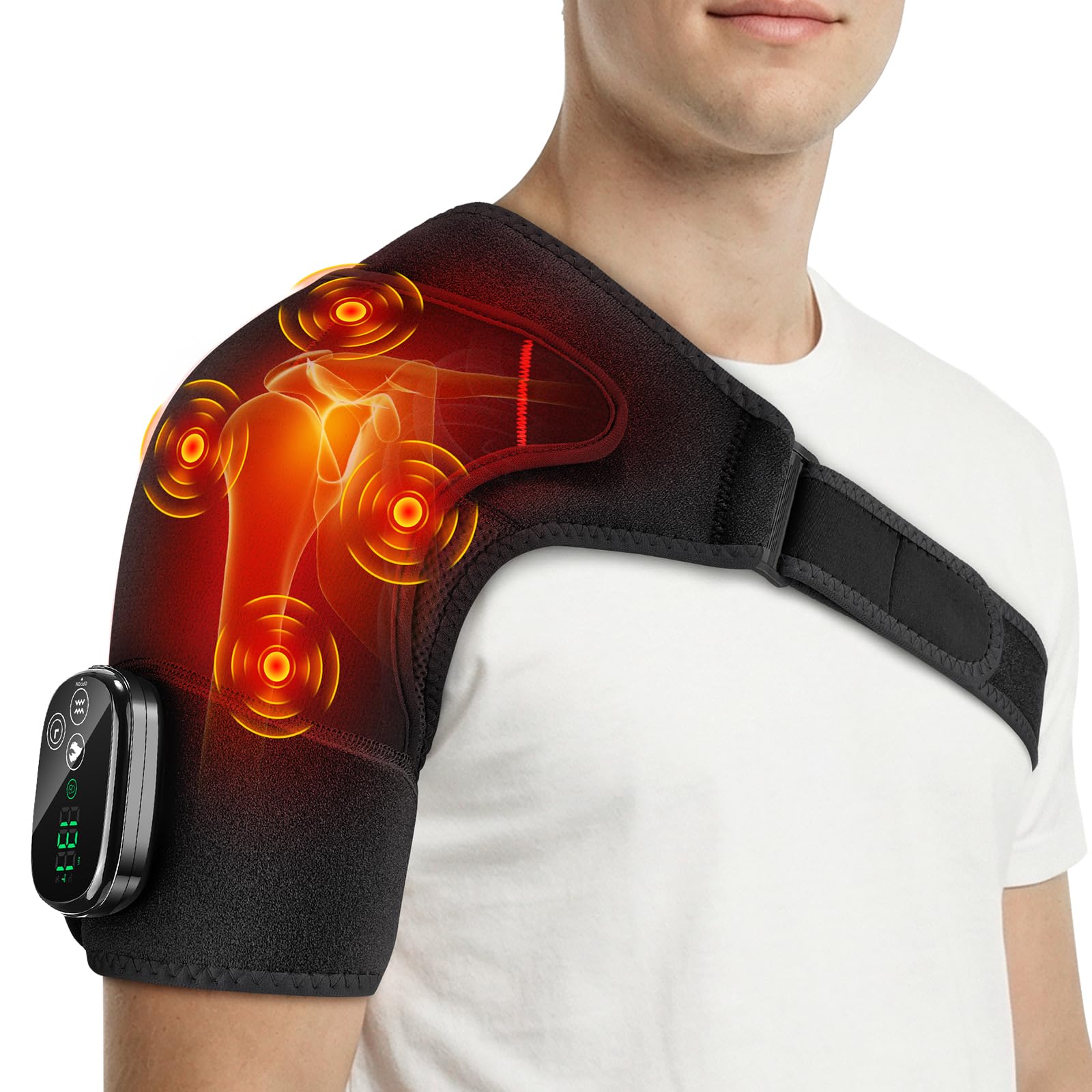 Schulter Massagegerät Kabellos Beheizte Schulterbandage mit 5000mAh | Schulterwärmer mit 5 Heizstufen 3 Vibration 3 Timer, Schultermassage Gerät mit Wärme, Geschenk für Vater Mutter - Schwarz