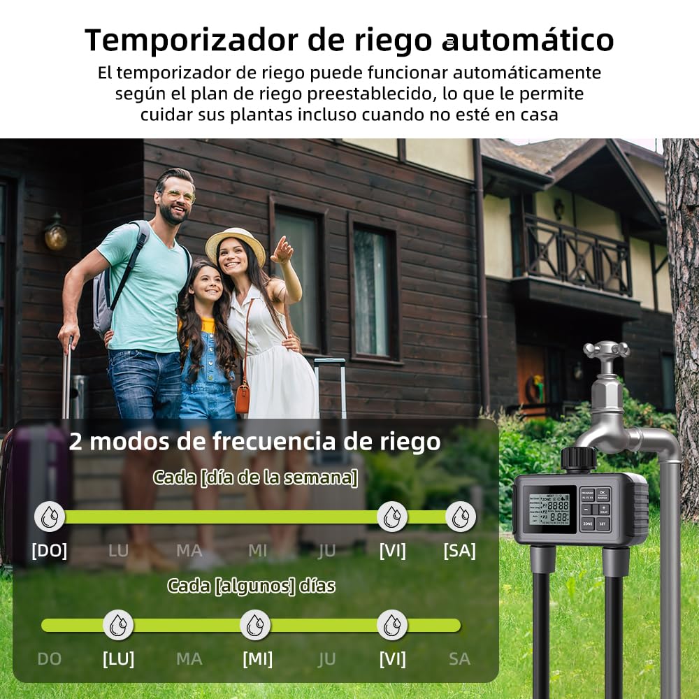 Uzoli Programador riego 2 Salidas, Temporizador de riego automático a Pilas | Programación independiente para 2 zonas • Retraso por lluvia • Modo manual • Para jardín, césped, huerto elevado, invernadero