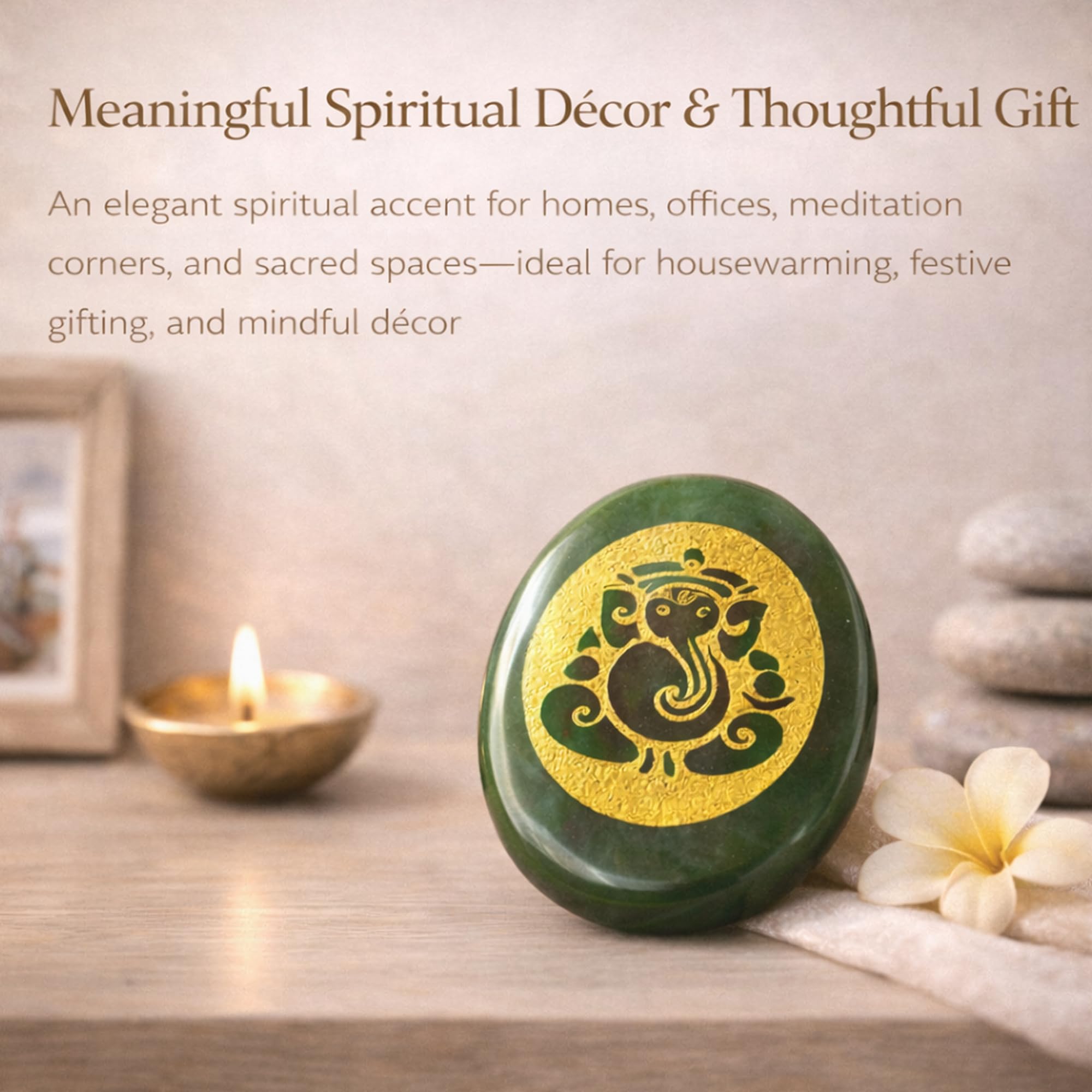 SEREIN Shri Ganesha Green Jade Zibu Coin Stone with Golden Engraved Ganesh Symbol for Prosperity, Wisdom Ganpati Bapa Good Luck Coins Meditation Pooja Altar Office Desk Positive Energy Gift 1