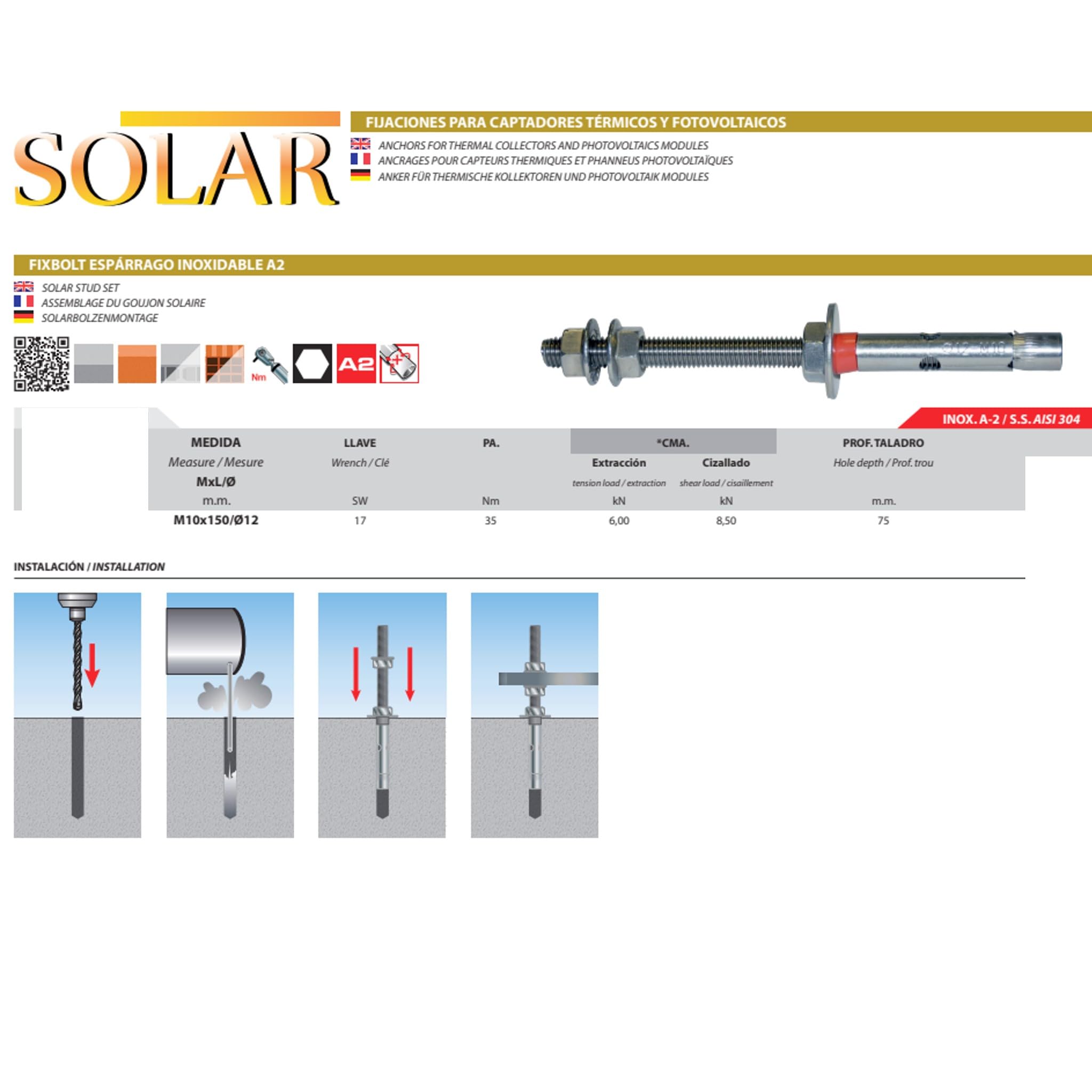 Bricoloco Anclaje hormigón inoxidable A2 con tuercas de sujección premontadas para la fijación de sistemas fotovoltaicos sobre hormigón. Taco metálico para fijar placas solares (25, M10x150 mm.)