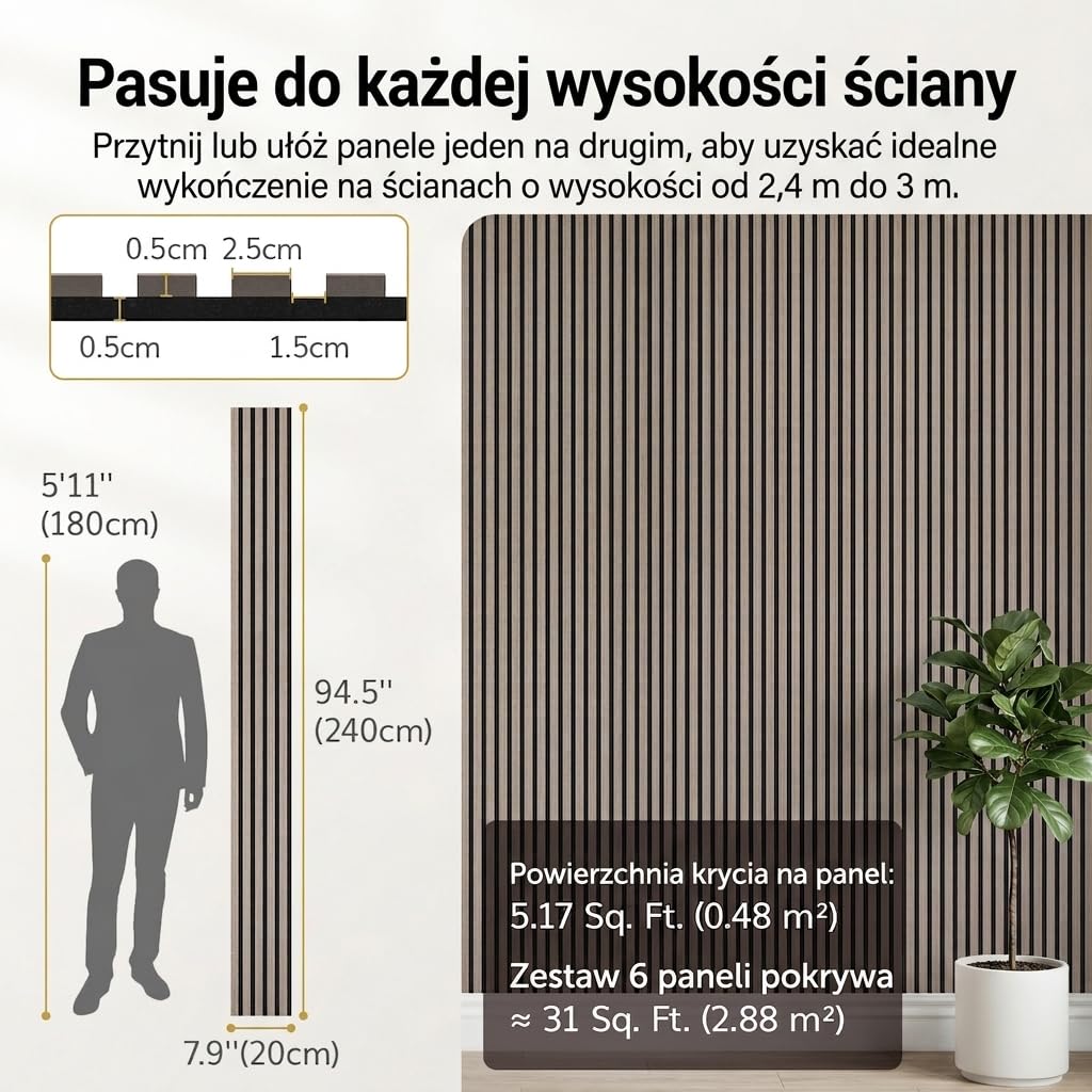 TONOR Drewniane panele akustyczne, 6 sztuk, 240 x 20 cm -2,88 m², panele ścienne, drewniane panele ścienne, jako płyty wygłuszające, dekoracja ścienna z drewnianych lameli, izolacja akustyczna, do