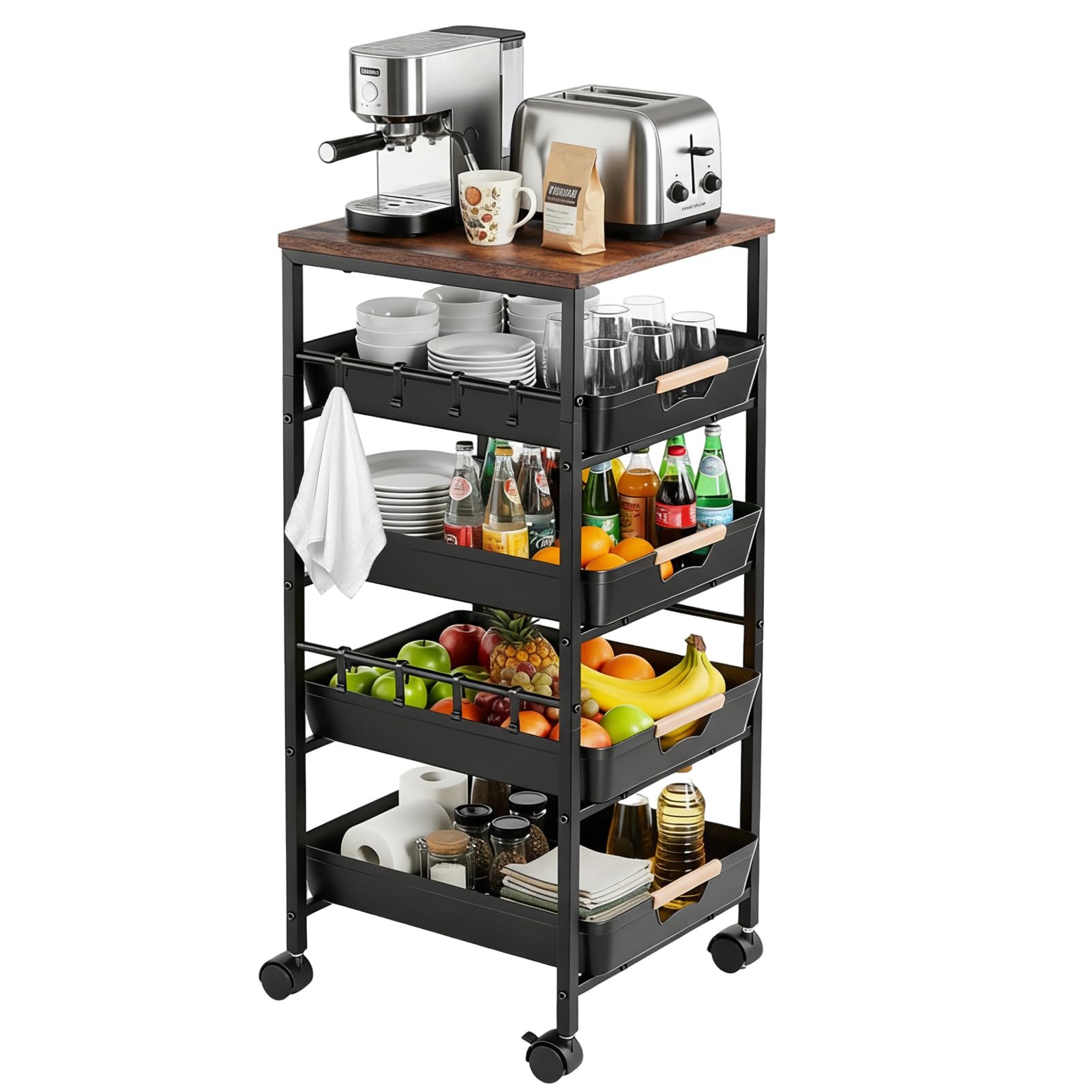 Rollwagen mit Schubladen 5-Stöckiger, Rollwagen Metall Küchenwagen auf Rollen, Aufbewahrungswagen aus Metall mit Holzplatte, Belüfteten Körben und Rollen, Snack-Organizer für Obst, Gemüse, Mikrowelle
