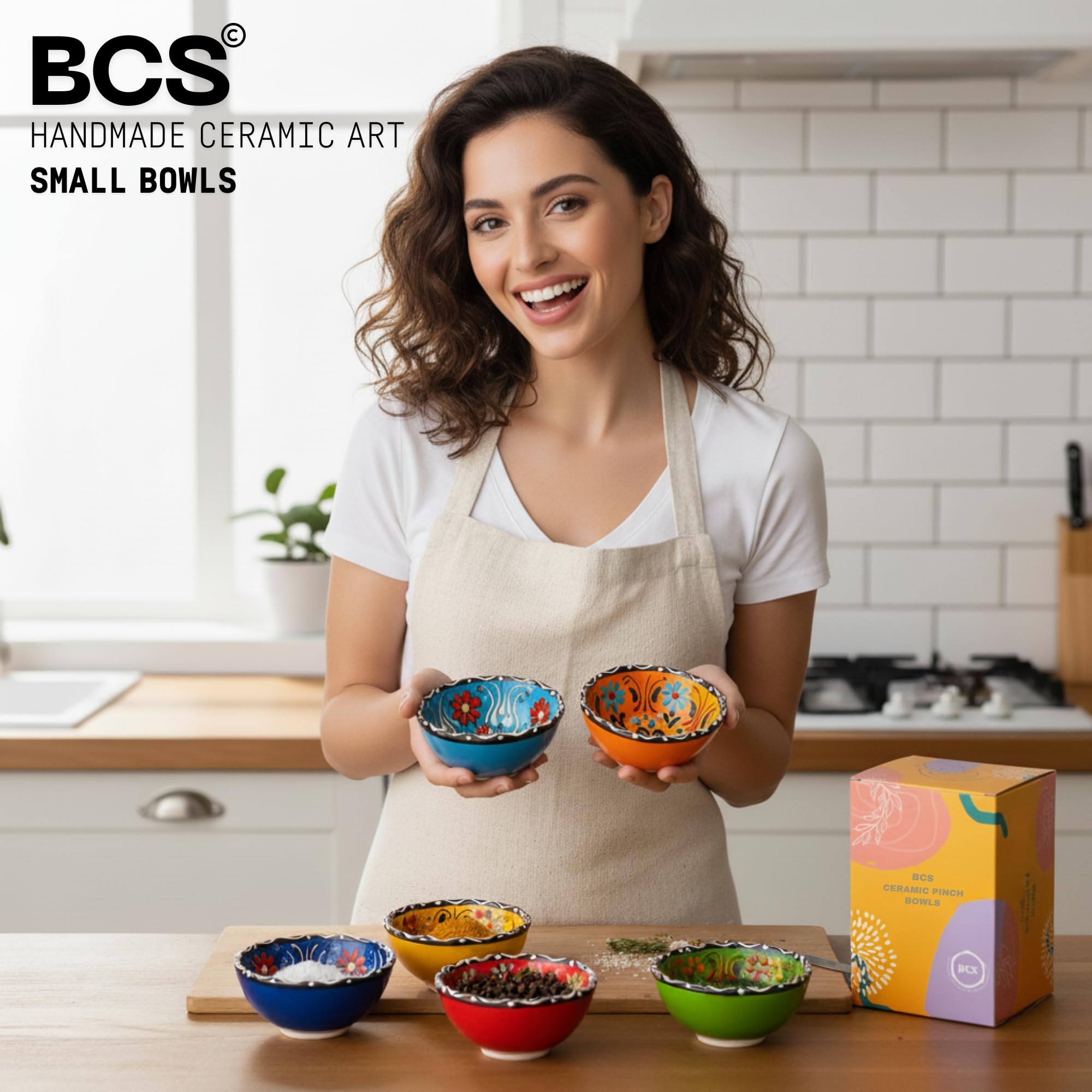 BCS Lot De 6 Petits Bols à Pincer En Céramique Pour La Préparation De La Cuisine Et La Charcuterie, Plats à Sauce Soja, Plats De Service Décoratifs Faits à La Main (8,1