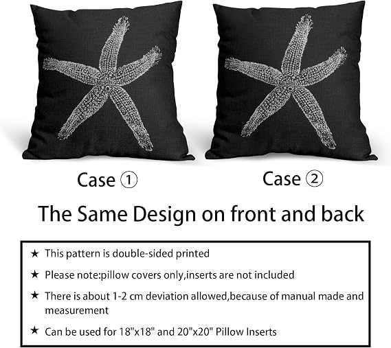 Sweetshow Black Starfish Pillow Covers 16X16 Inch Coastal Beachy Nautical Throw Pillow Beach Decorative Pillowscase Linen Square Cushion Case Decor for Home Bed Couch Sofa, Set of 2