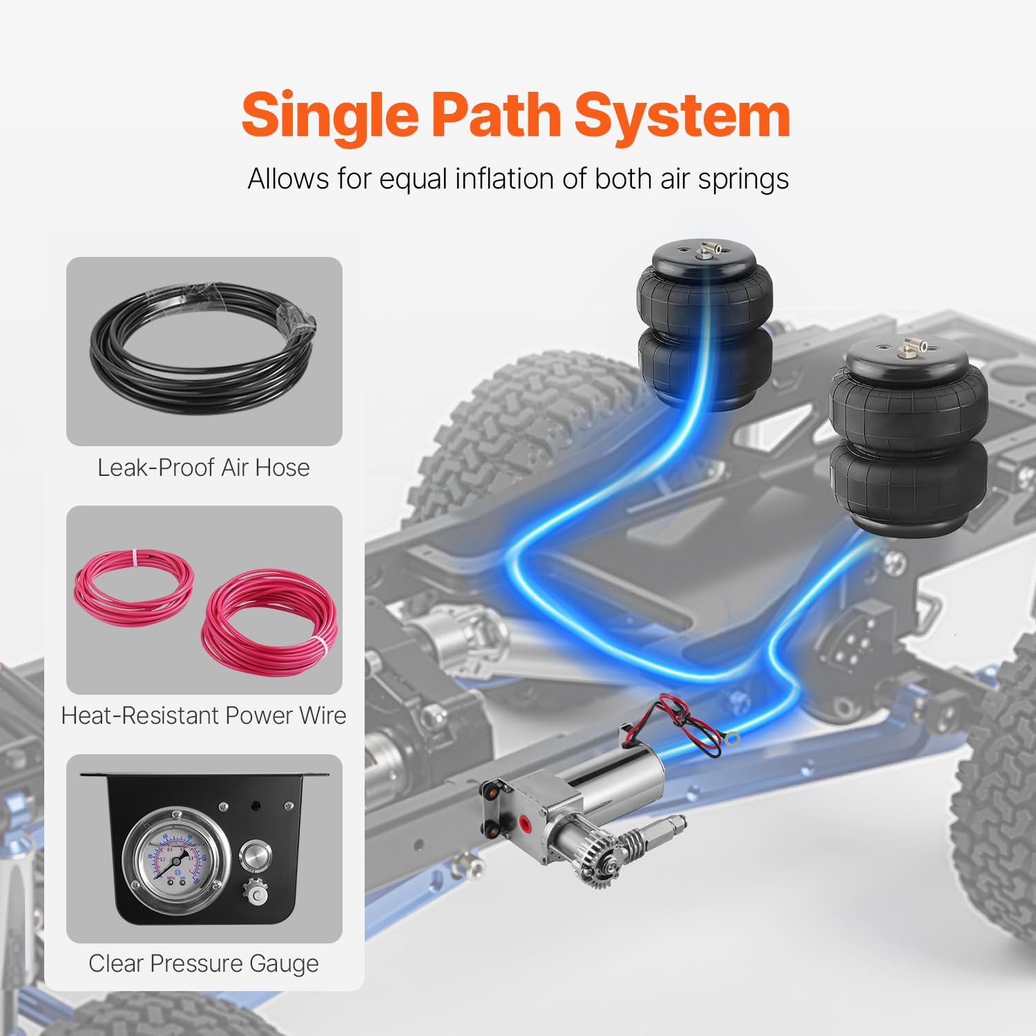 VEVOR Kit de Contrôleur d'Amortisseur Pneumatique, Compresseur de Suspension Pneumatique 12 V 100 PSI, avec Système à Chemin Unique, Manomètre et Conduite d'Air, pour Camions et Fourgonnettes