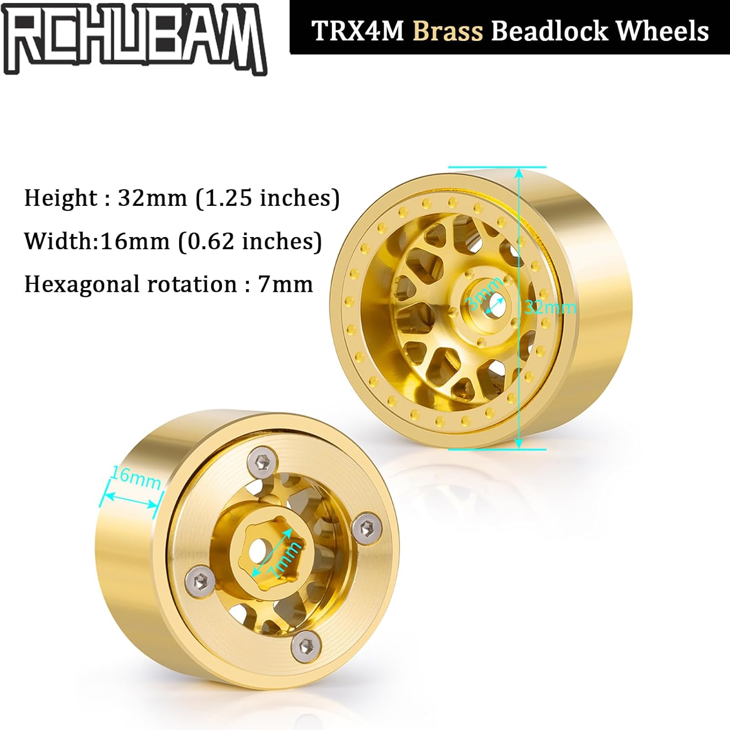 RCHUBAM 1.1" Plus Brass Wheel Rims 241g TRX4M Beadlock Wheels Hub Counterweight Style HxW 32x16mm Compatible with TRX4M SCX24 1/24 1/18 Defender RC Crawler Cars Upgrades