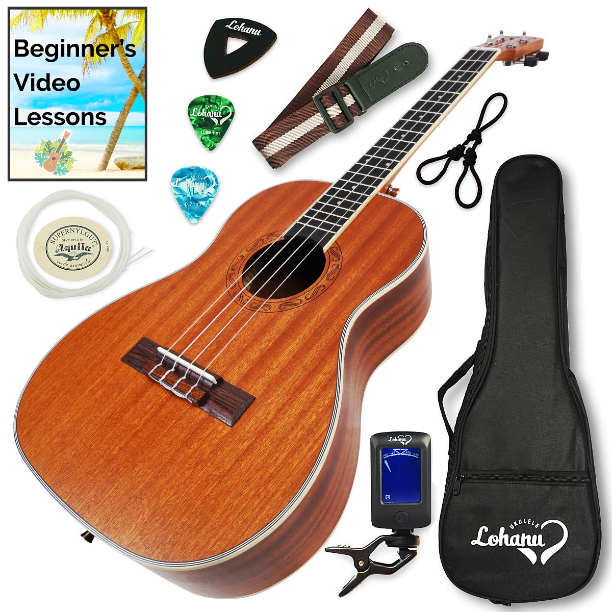 Ukulele Baritone Size Bundle From Lohanu (LUB) 2 Strap Pins Installed
