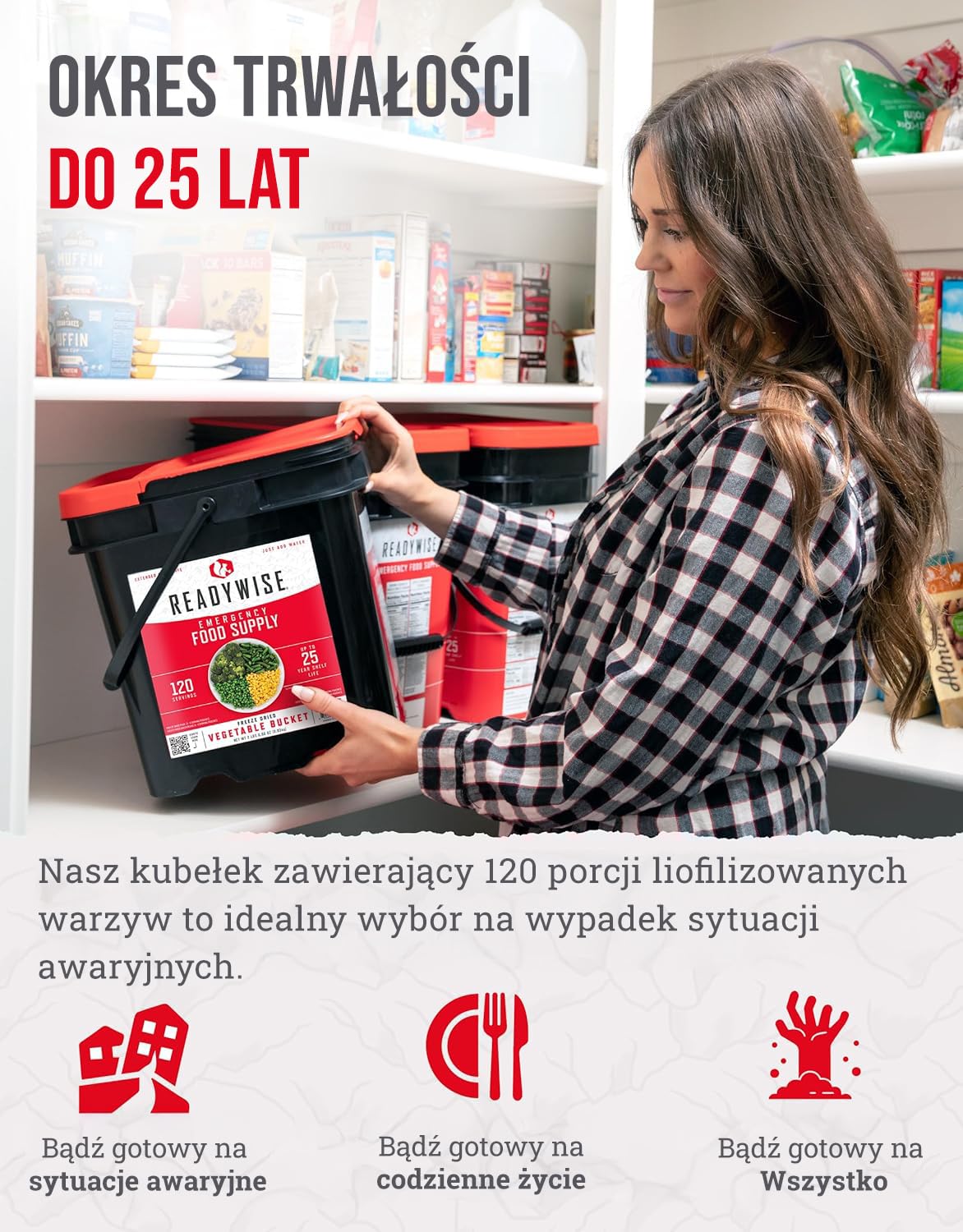ReadyWise, 120 Porcji, Racja awaryjna, Mieszanka warzywna, Brokuły, Groszek, Fasolka szparagowa i Kukurydza, Liofilizowana, Długoterminowe zaopatrzenie w żywność, 25-letnie przechowywanie