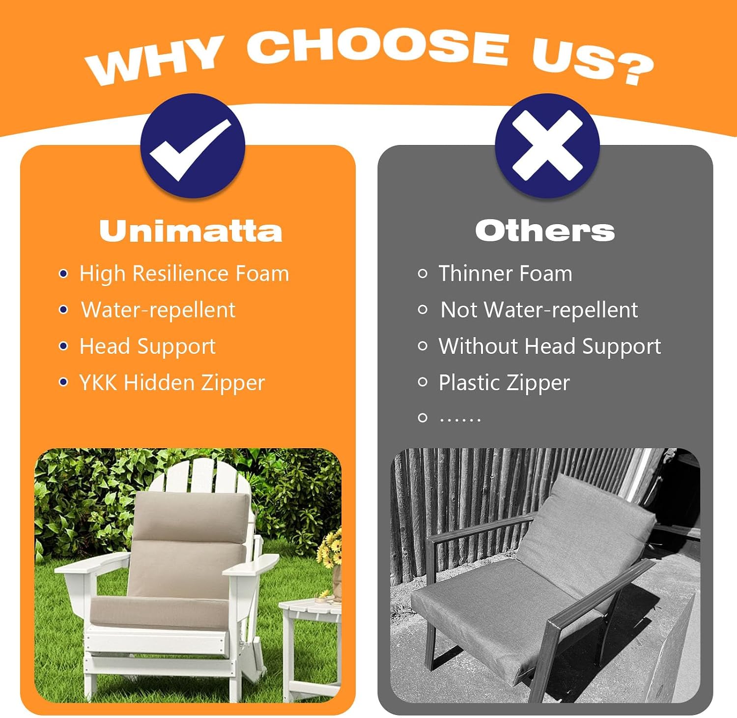 Outdoor Separate High Back Chair Cushion Seat Pads, 2-Pack 44 x 21 Inch Water-Repellent & Fade-Resistant Patio Furniture Cushions with Ties for Adirondack, Rocking Chairs, Tan