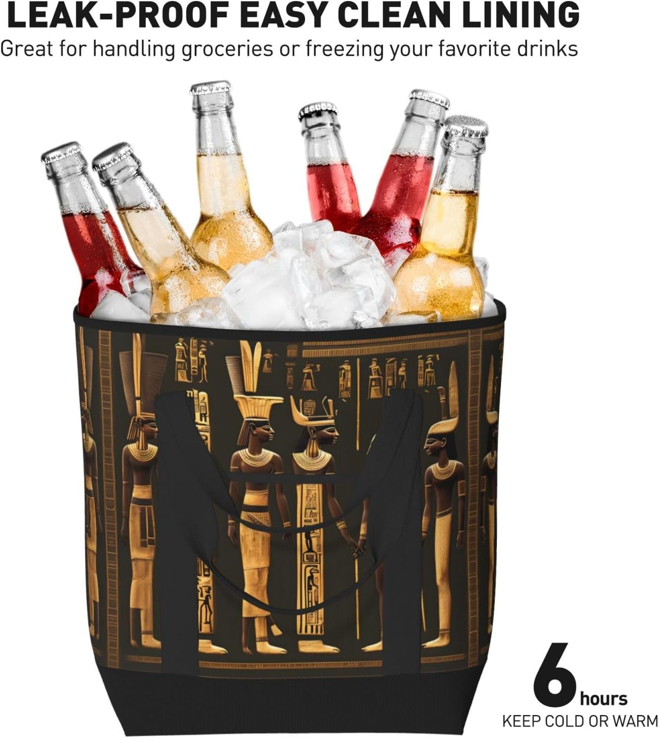 Ancient Egyptian Hieroglyph Print Large Cooler Bag Tote Bag,Reusable Grocery Bag,Lunch Box Bag, For Picnic Beach Camping