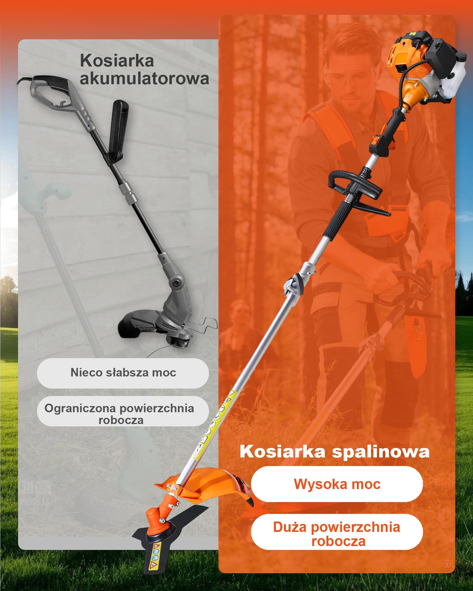 Kosa spalinowa 52 cm³, 2-suwowa, z trymerem benzynowym i podkaszarką, nożyce do żywopłotu, piła łańcuchowa 3 KM, 2-suwowe urządzenie ogrodowe, wydajne i energooszczędne