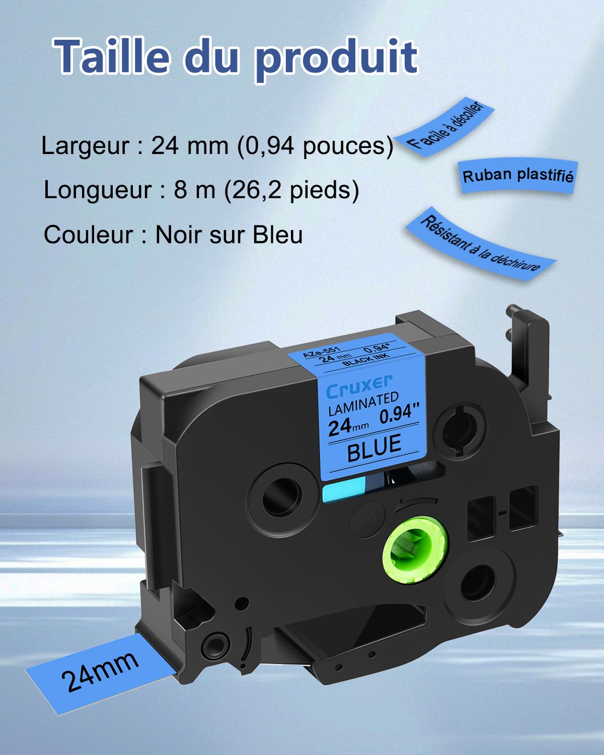 Cruxer Lot de 10 Compatible TZE-551 pour P-touch Noir sur Bleu 24 mm