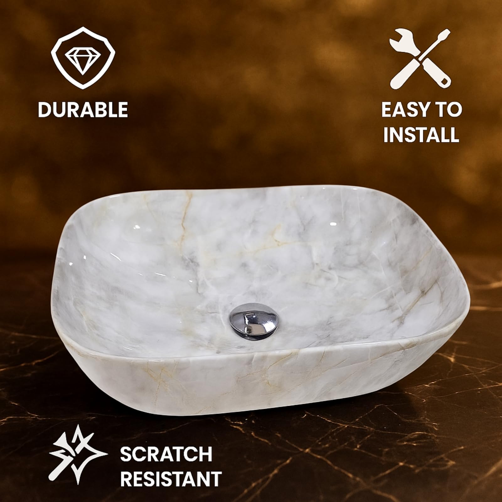 Vivatra Ceramic Tabletop Wash Basin β Glossy Rectangular Countertop Vessel Sink with Marble Finish for Bathroom & Vanity | Compact 18 x 13 x 5 Inch | Elegant Washbasin (VT_WB_LC01_023) 4