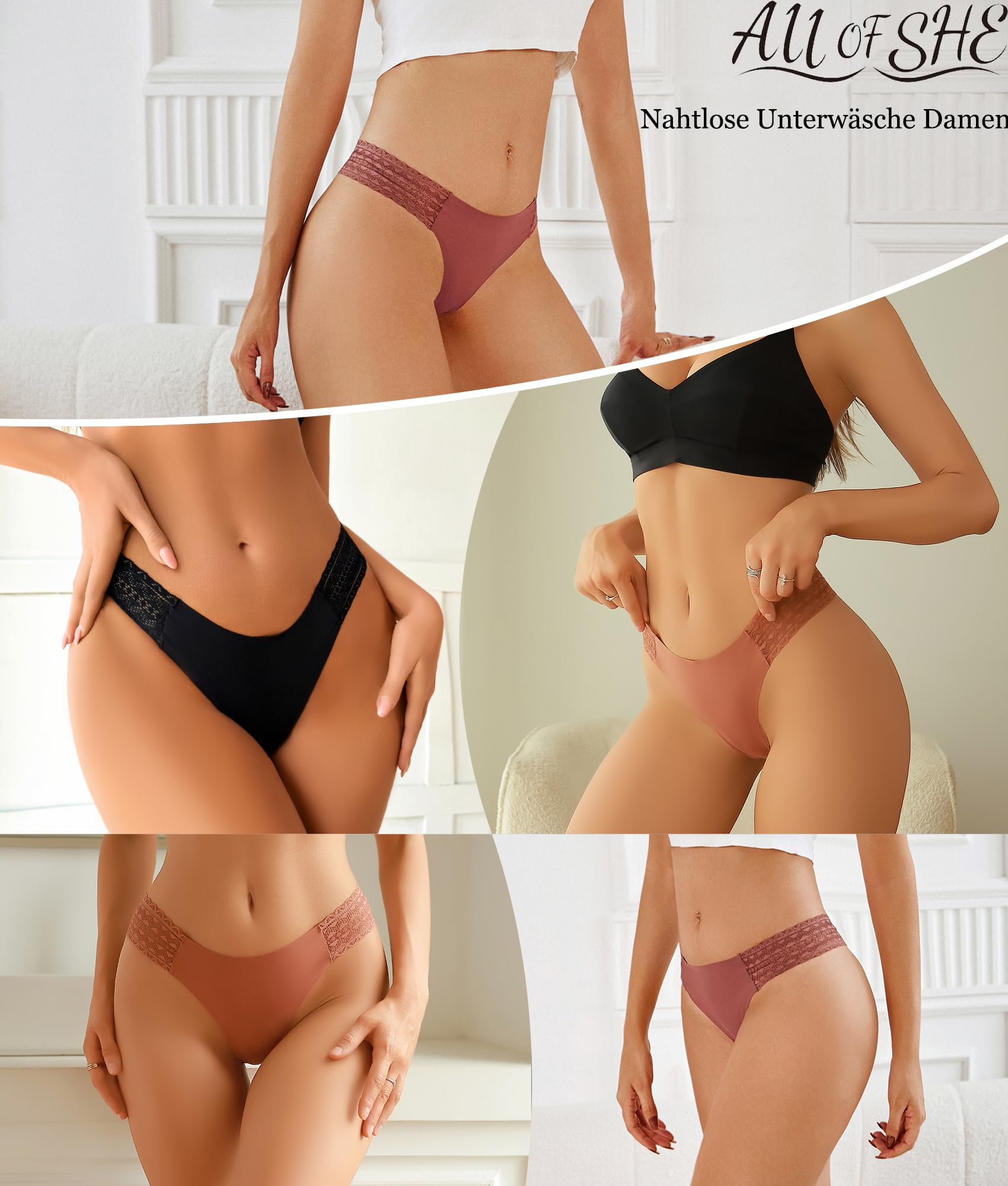 ALL OF SHE 6er Pack String Tanga Damen Nahtlose Unterwäsche Frauen Sexy Unterhosen Damen Spitze Seamless V-Waist Dessous Thong Mehrpack S-XL