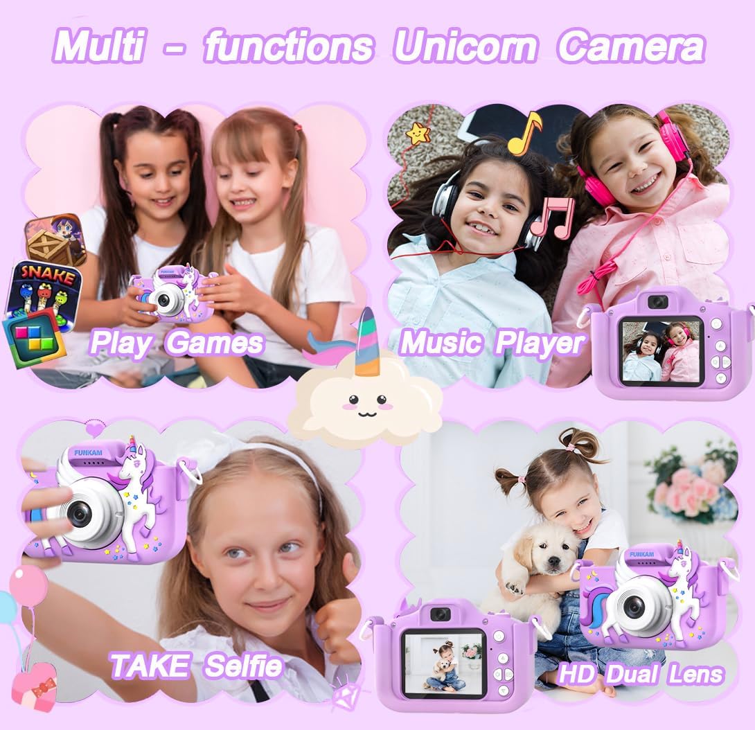 Kids Camera Toys for Girls and Boys Age 3-14, Kids Digital Camera Toddler Birthday Gifts,- HD 1080P - Video Camera with Cute Unicorn Protective Cover, 32GB SD Card, Lanyard & Pen drive (Purple) - Image 4