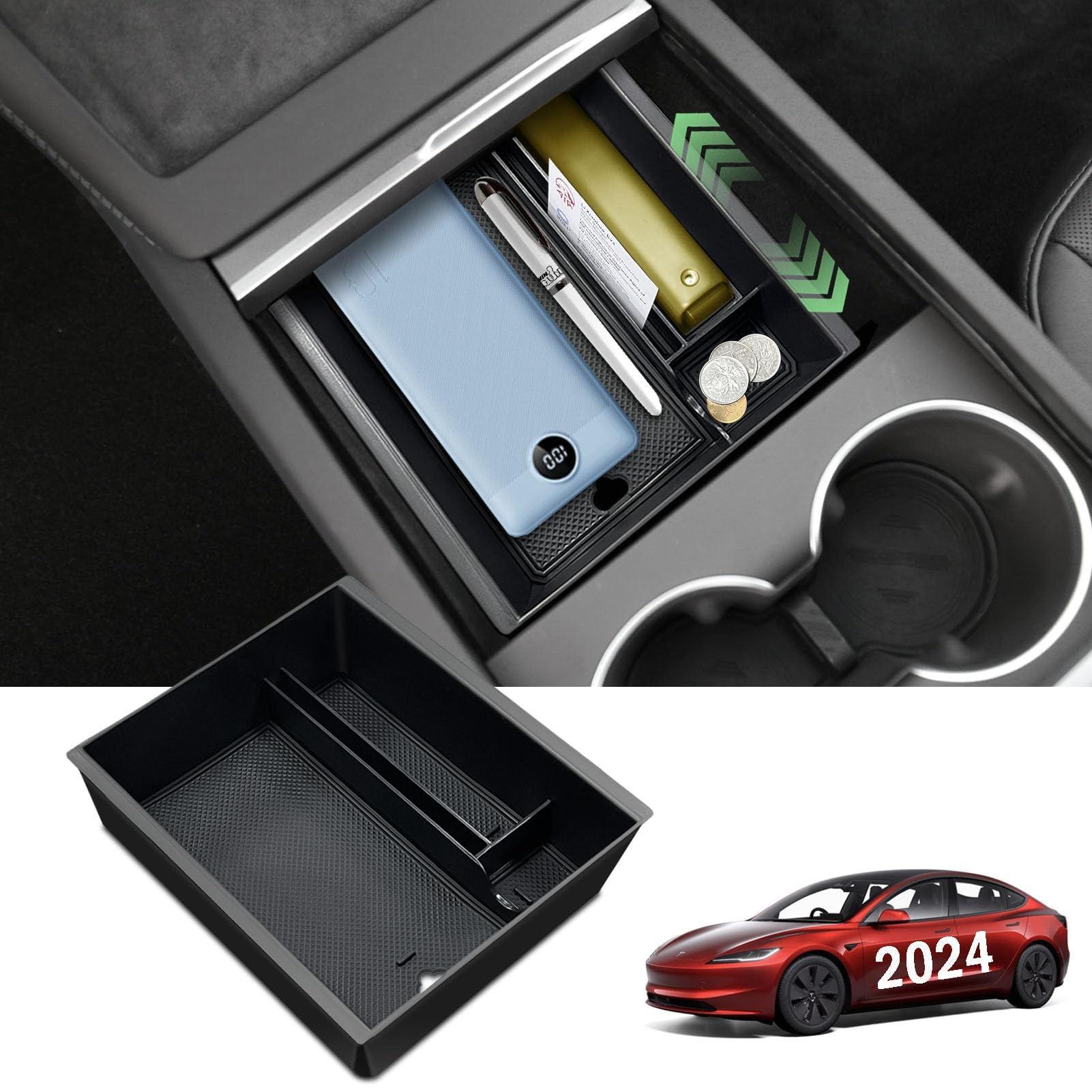 for Tesla Model 3 2025 2024 Highland & Model Y Juniper (2025-2026) Center Console Organizer, Hidden Cubby Drawer Tray Console Storage Box Accessories for Tesla Model 3 2024 Highland