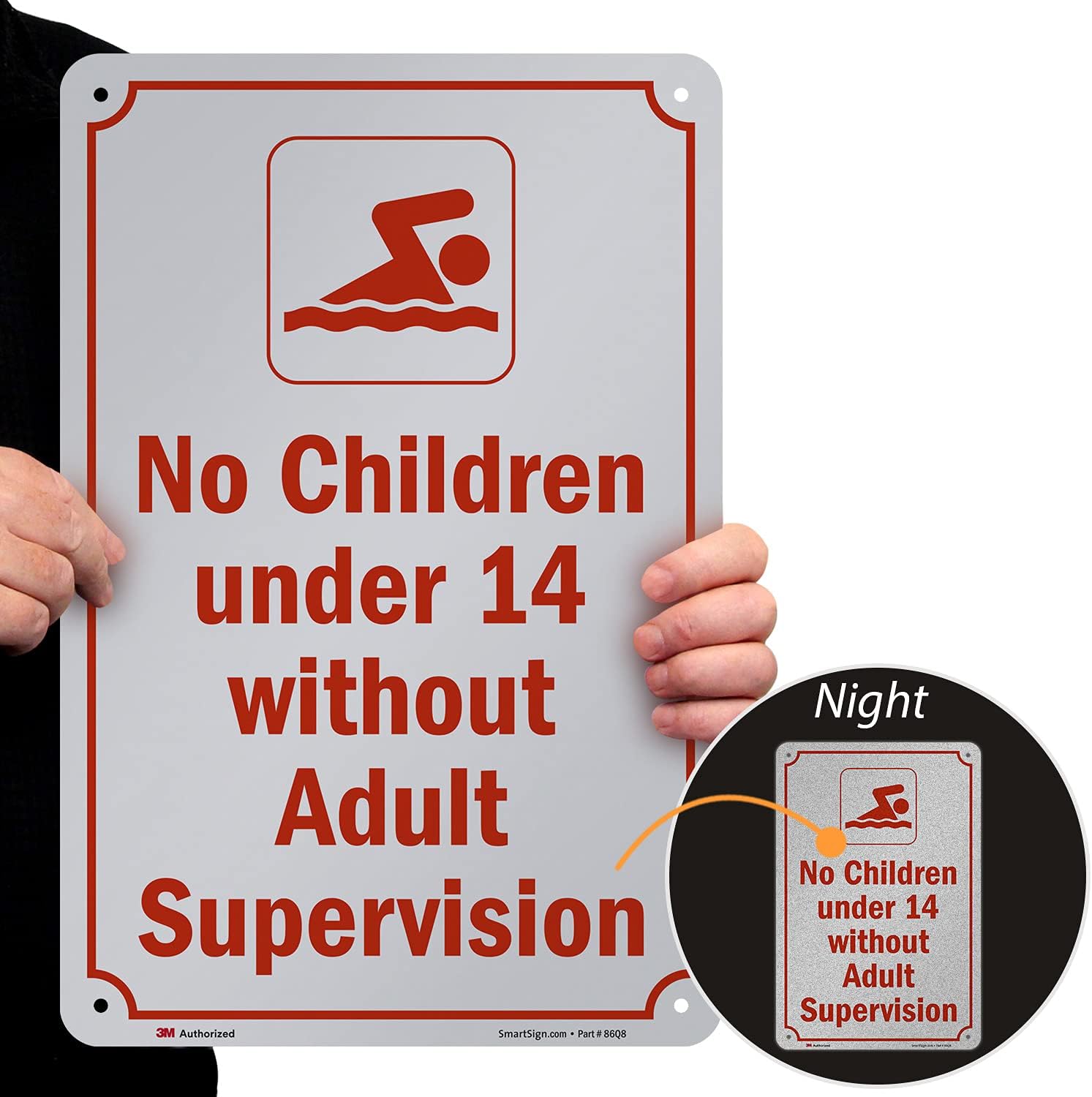 SmartSign 18 x 12 inch “No Children Under 14 Without Adult Supervision” Metal Sign, 63 mil Aluminum, 3M Laminated Engineer Grade Reflective Material, Red and White, Made in USA