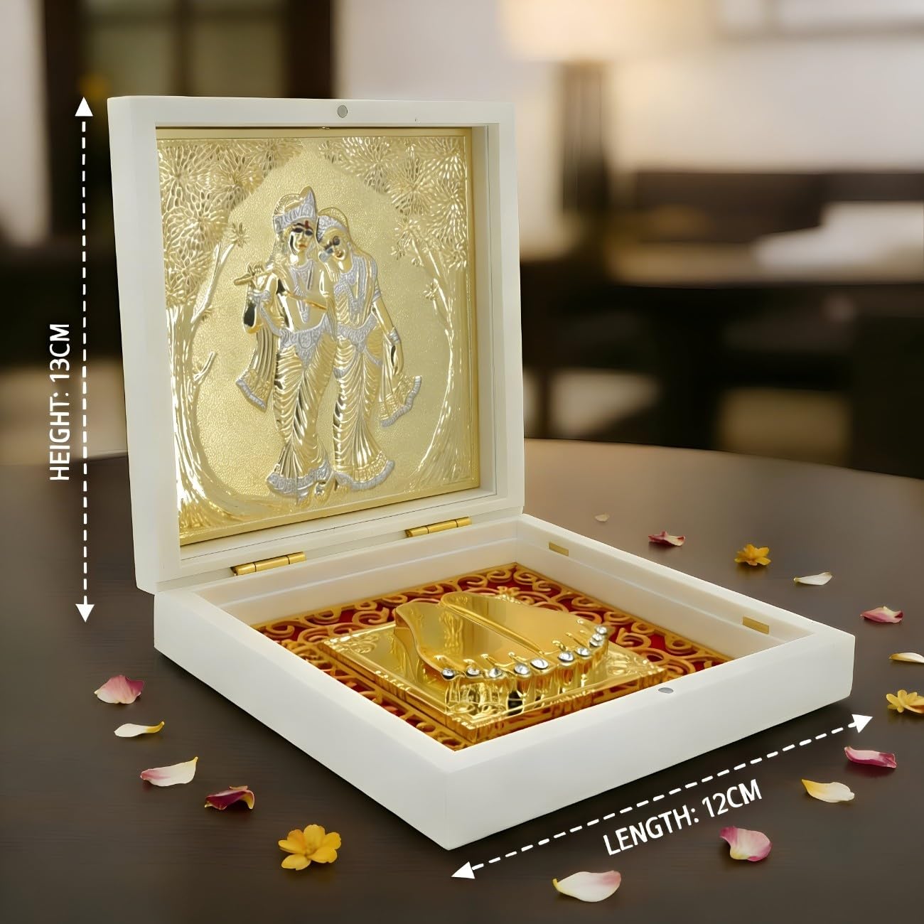 KABIR WORLD Radhe Shyam Divine Charan Paduka Yantra Box with Crystal Accents - 4.7" Premium White Floral Embossed Yantra Box - Radha Krishna Idol for Religious Gifiting,House Warming & Pooja Room 4