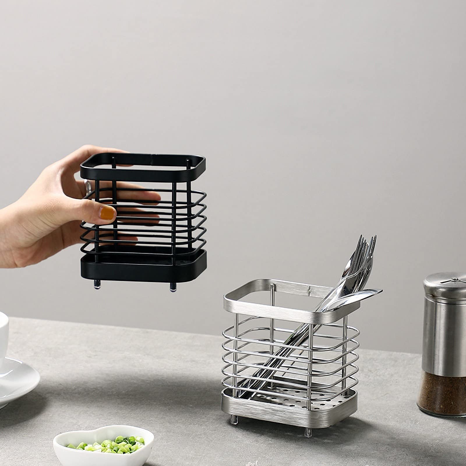 Soporte para utensilios, fregadero de acero inoxidable, organizador de utensilios de cocina, escurridor de cubiertos para utensilios, organizador de utensilios de cubiertos a prueba de óxido 7