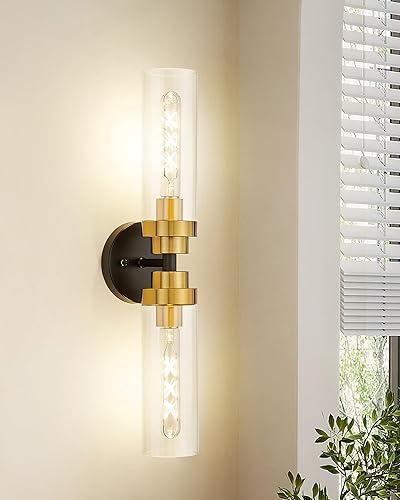 Miniatura 7 de Emak Luces de tocador negras y doradas para espejo, modernas lámparas de baño de 22 pulgadas con pantalla de vidrio transparente, aplique de pared