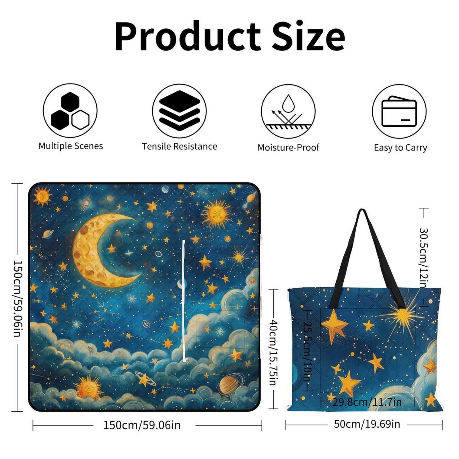3D Impression Le Ciel étoilé Couverture Pique Nique La Lune Tapis Pique Nique Tapis Plage Couverture De Pique-Nique pour Jardin,Nappe, BBQ, Randonnée 148x148cm