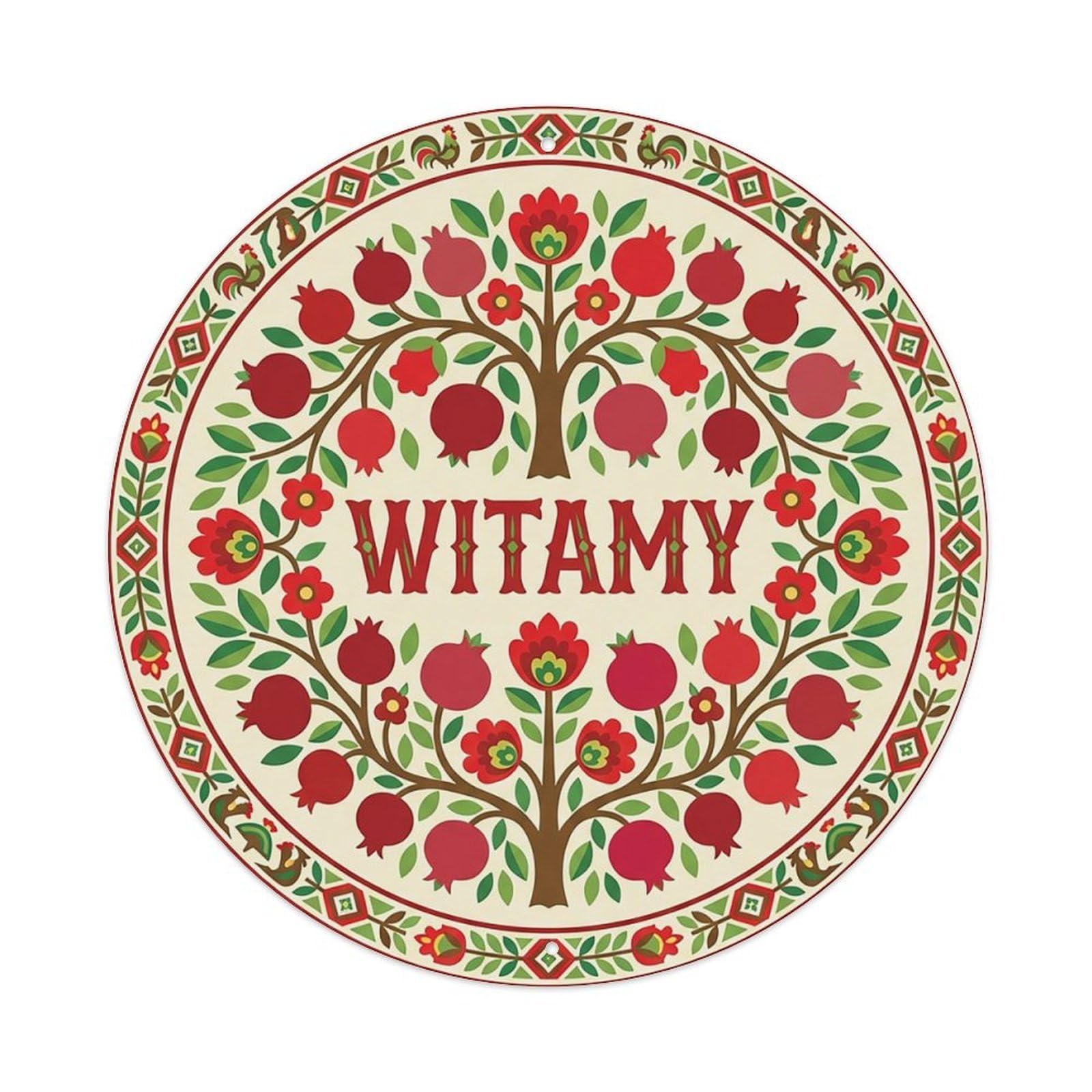 Vintage Polish Folk Art Witamy Welcome Pomegranate Tree Metal Tin Sign