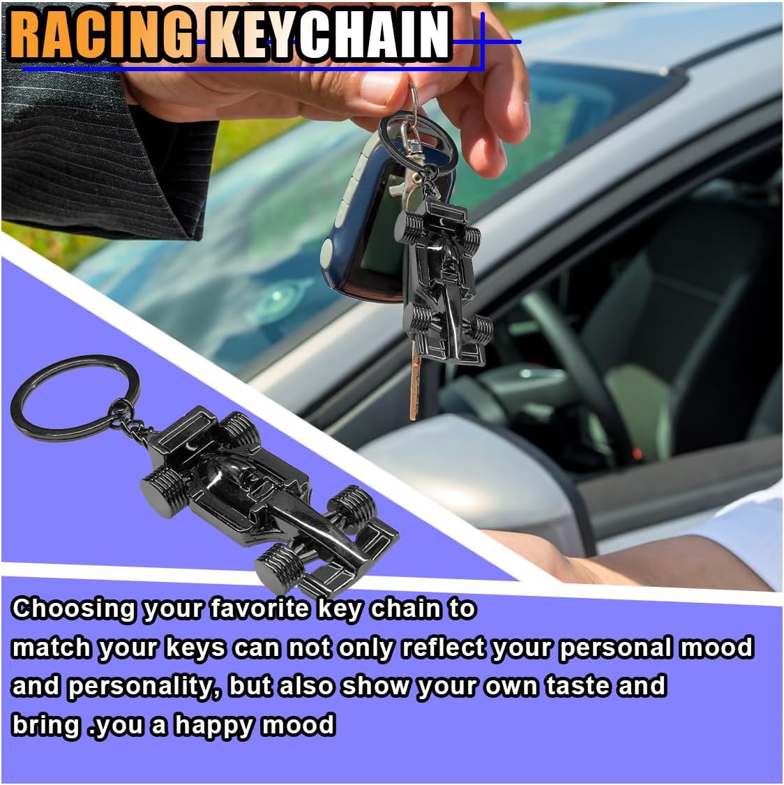 KITUREK 3D F1 Race Car Keychain, Zinc Heavy Duty Racing Model Keychain, Car Key Ring Present for Father Husband Boyfriends (Black)