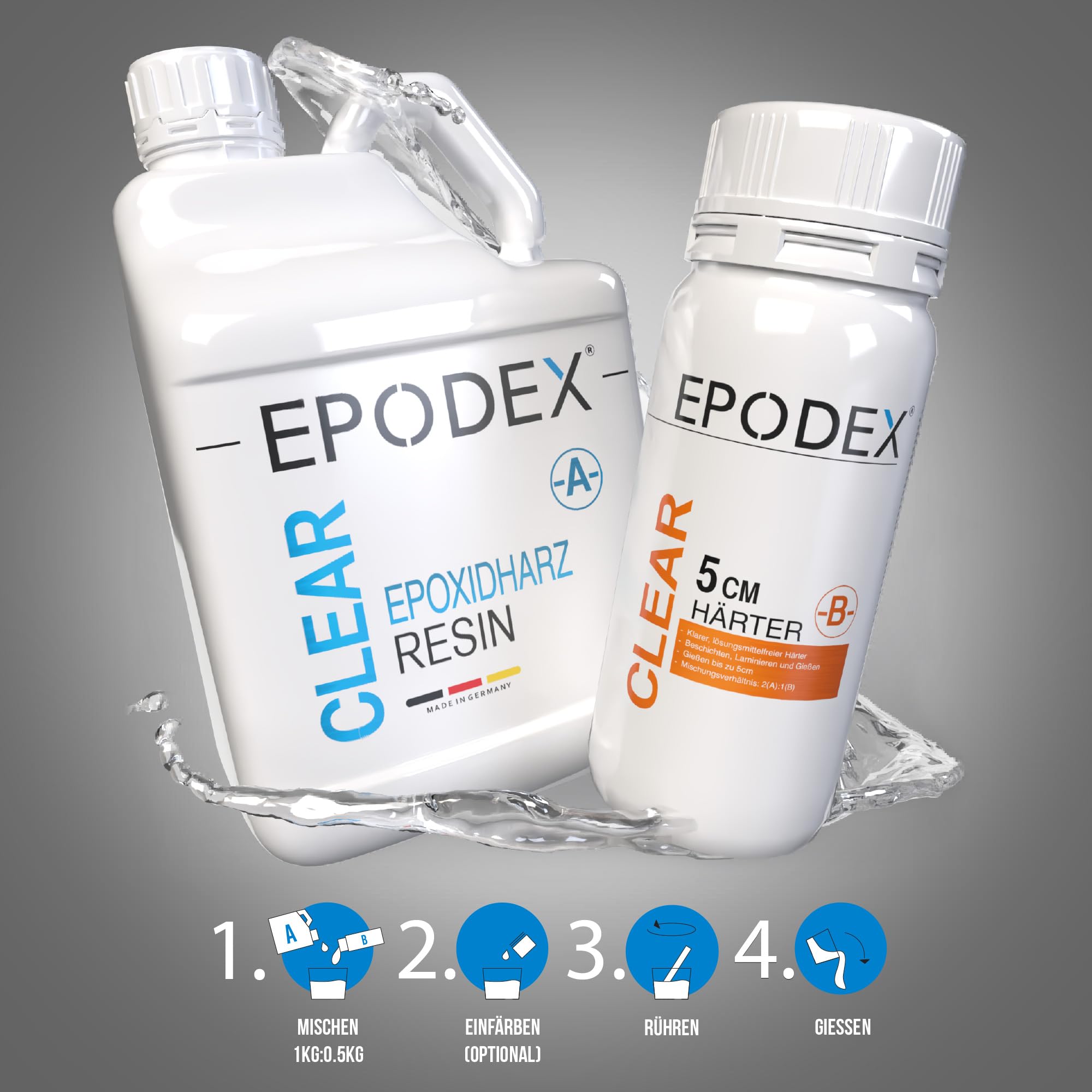 EPODEX Epoxidharz Set ECO+ | klares Epoxy Resin für Gießhöhen bis 5cm | Gießharz-Set ohne oder mit Farbpigmenten | für River-Tische, Lampen, Projekte mit hohen Form- und Gussteilen und vieles mehr