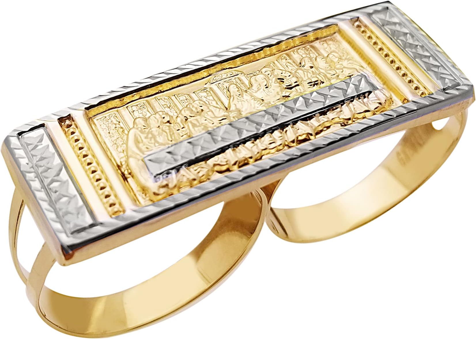 AMZ JewelryMen's 10K Yellow Gold Last Supper Ring Two Finger Ring Double Finger Thin Ring
