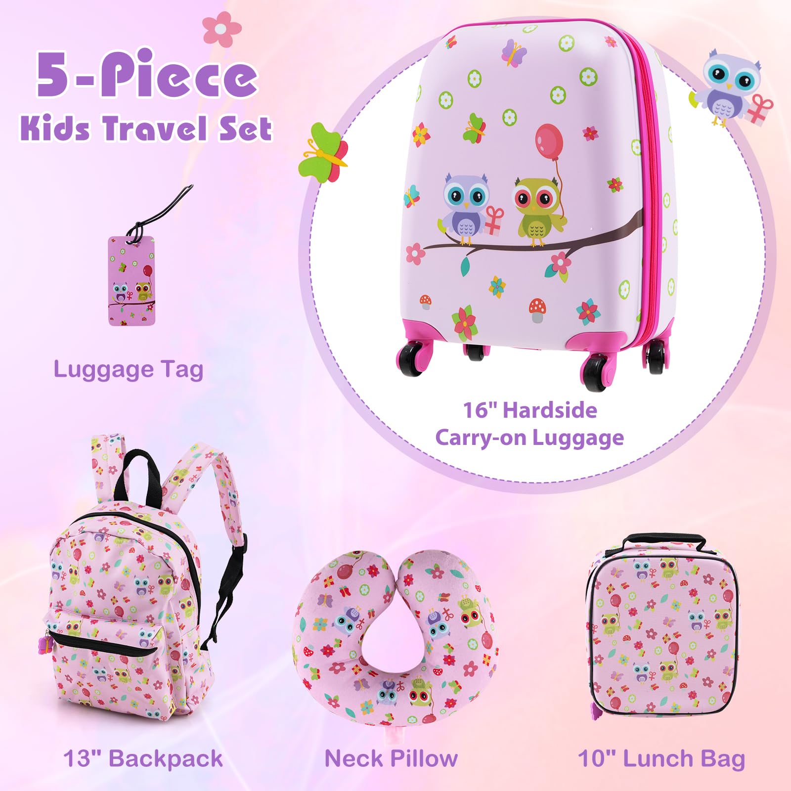 SOARS Set di 5 Pezzi Valigia 16’’ + Zaino 13’’ per Bambini, Bagagli 5-in-1 con Cuscino per Collo, Borsetta da Pranzo e Etichetta, Trolley con Maniglia Telescopica e Ruote Universali (Rosa Gufo)