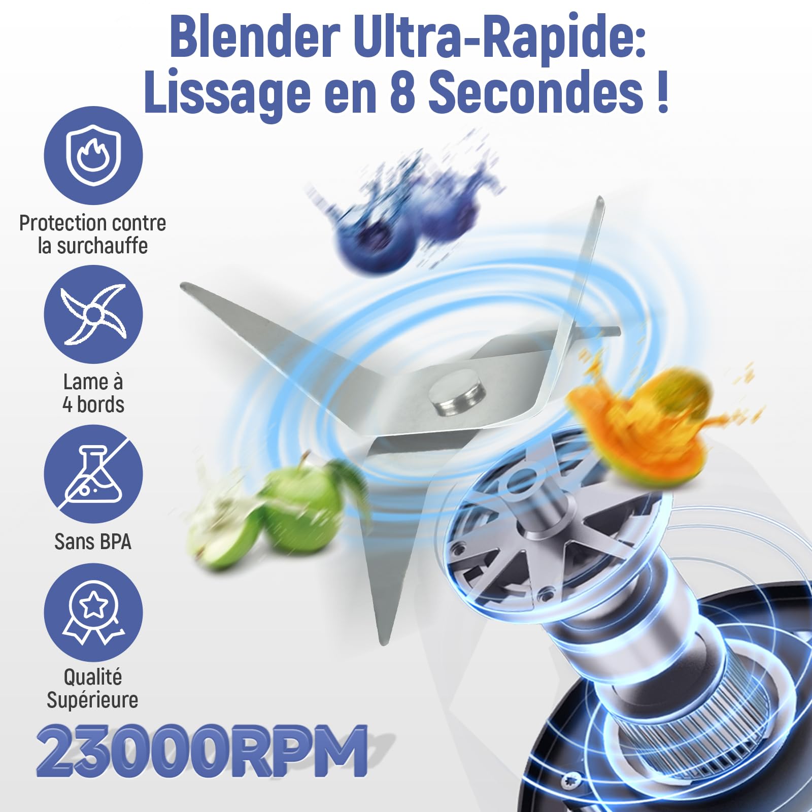 SIMPLUS Blender Mixeur, 600ml Mini Blender, Blinder Mixeur avec 4 Lames Acier Inoxydable, 23000RPM, Extracteur de Jus Électrique pour Fruits, Shake, Smoothie et Aliments pour Bébés, Sans BPA, Blanc